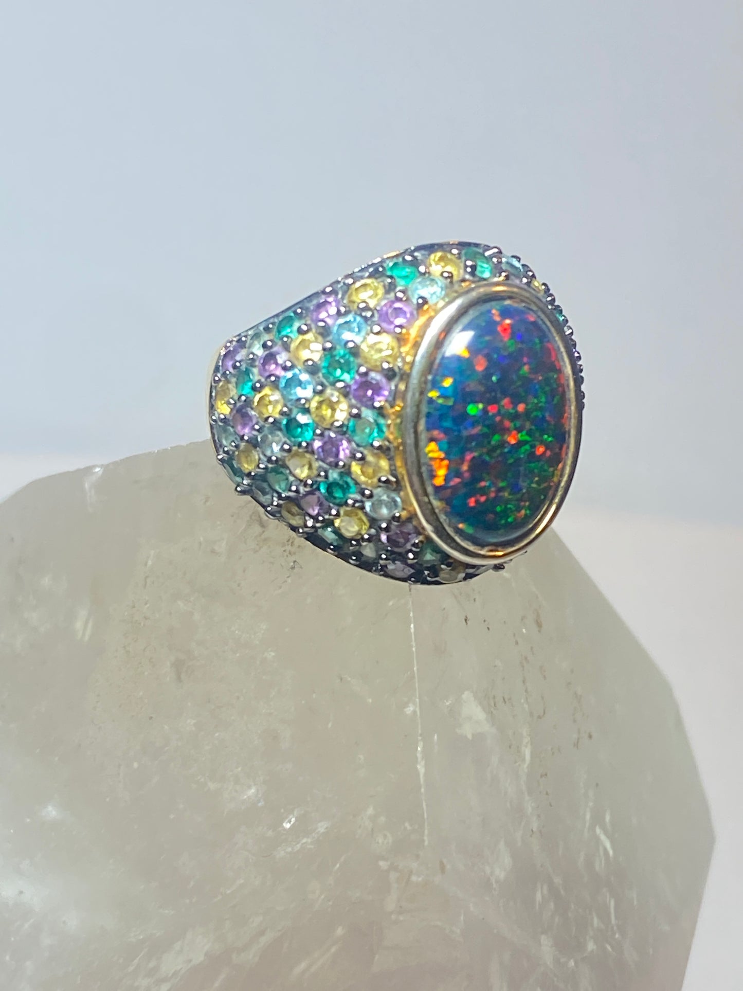 Lab opal ring rainbow crystals cocktail sterling silver girls women