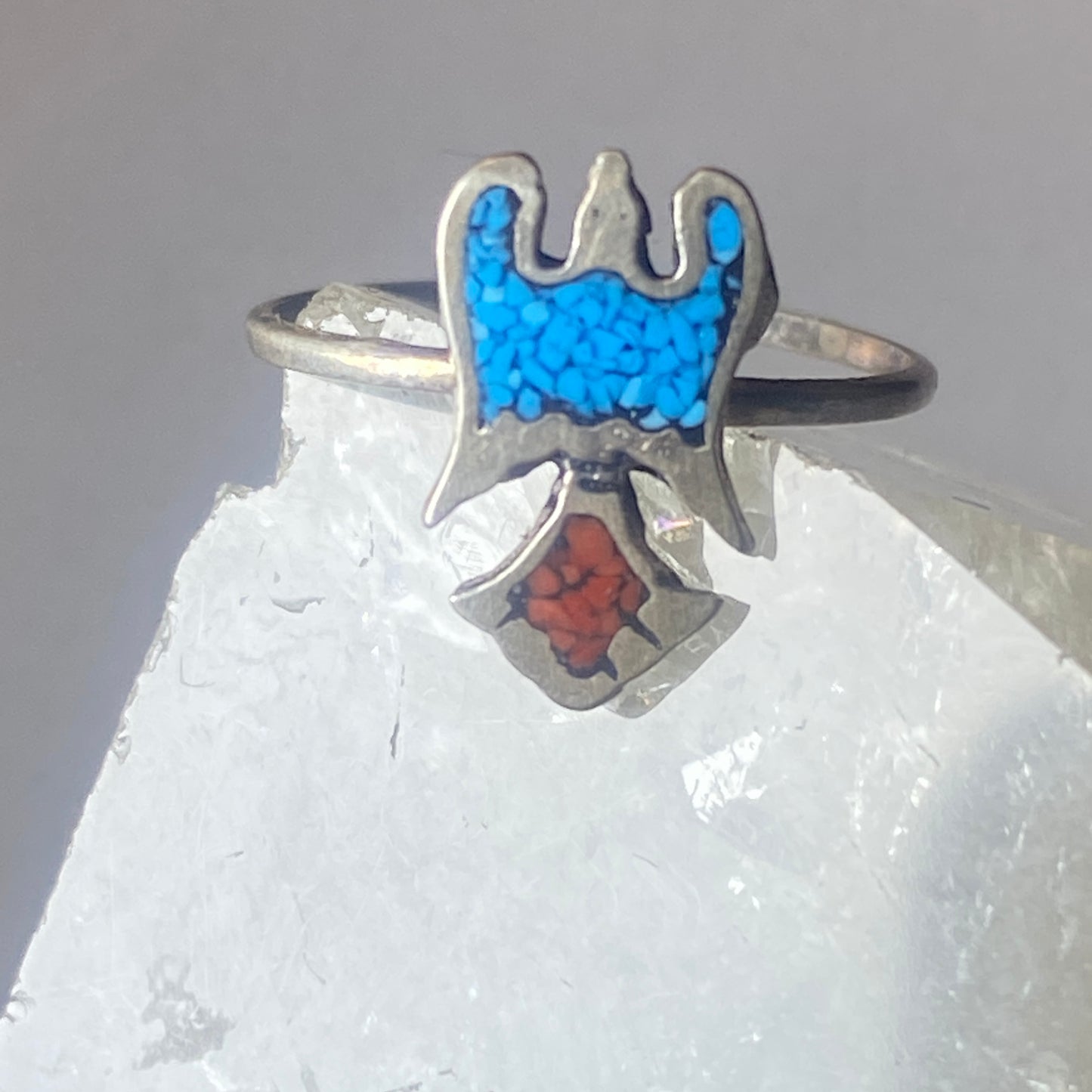 Phoenix ring turquoise coral chips southwest sterling silver women girls f