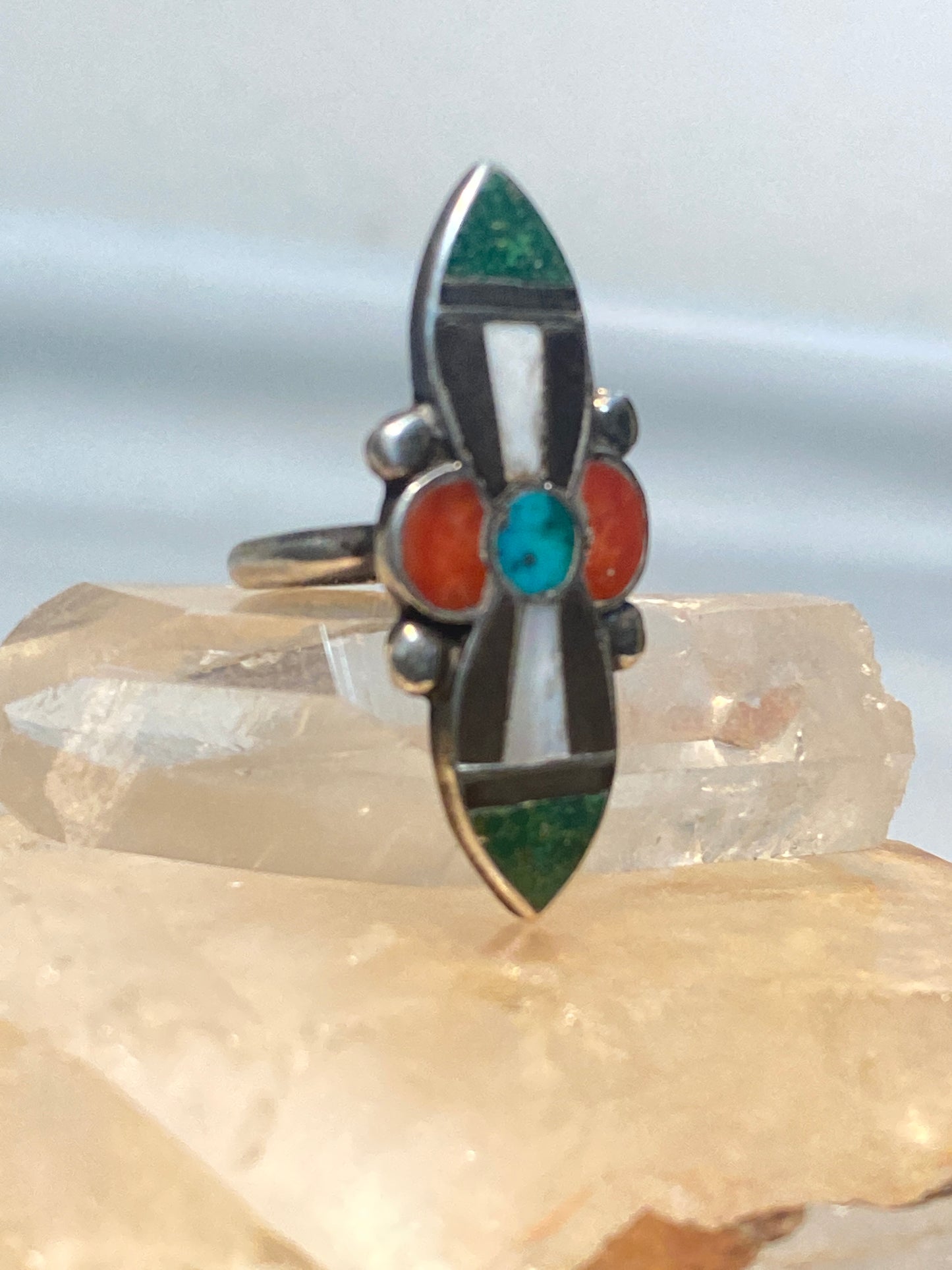 Turquoise ring size 5 long flower Navajo onyx MOP coral southwest sterling silver women girls