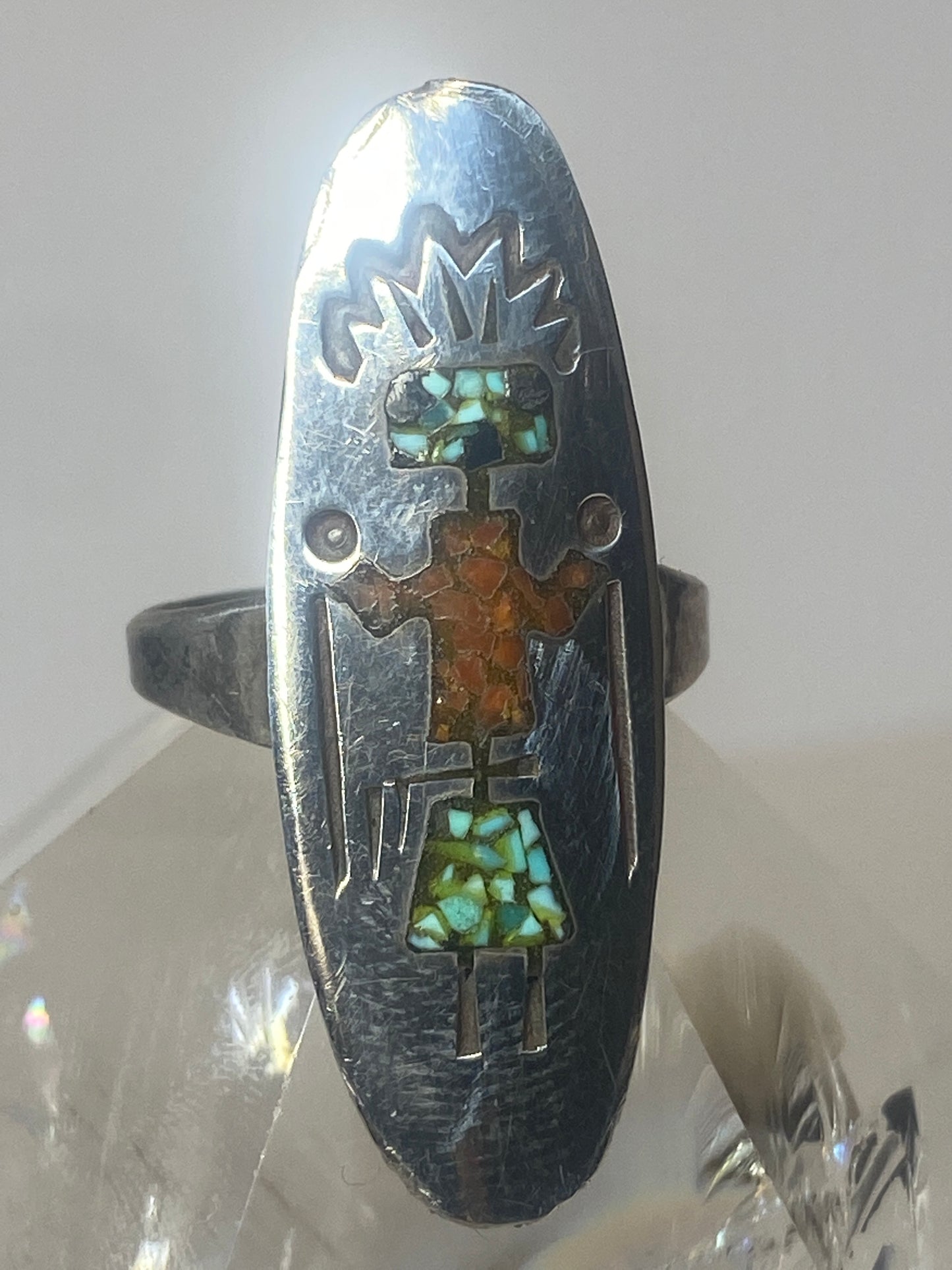 long Kachina ring turquoise coral chips Navajo  sterling silver women girls