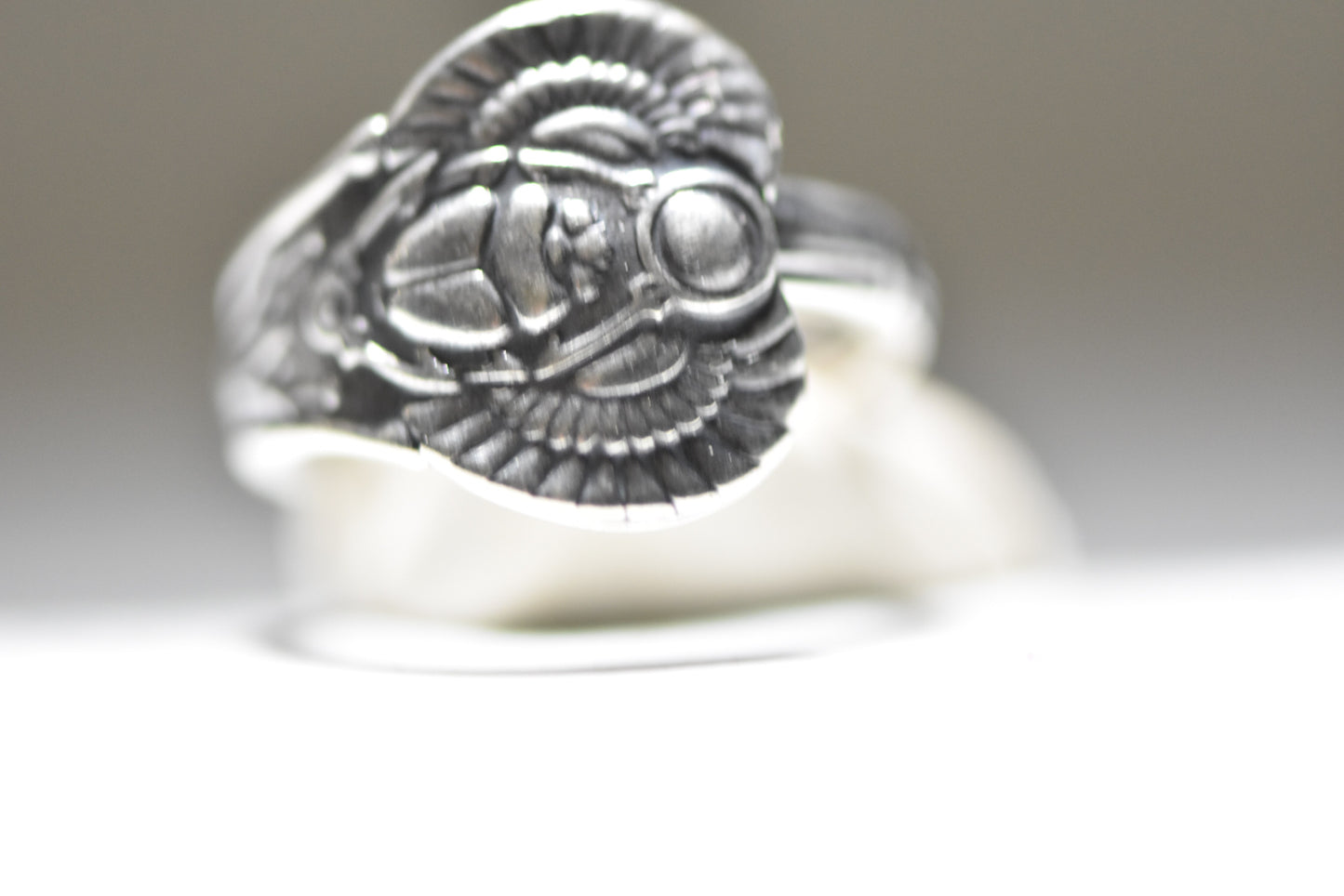 Scarab Spoon Ring Flying Winged Beetle Band Egyptian Sterling Silver Papyrus Size 7