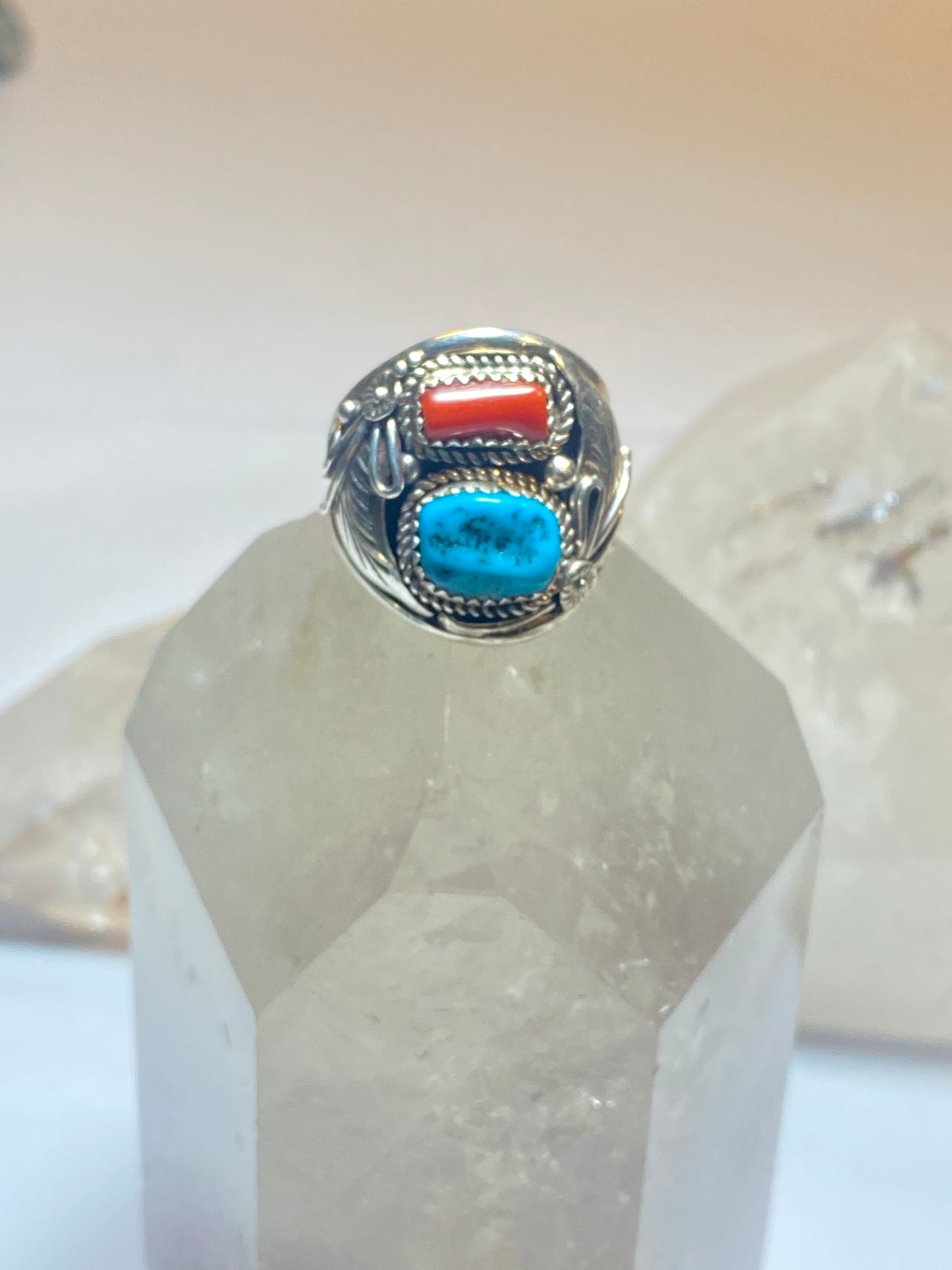 Turquoise ring size 10.75  coral Navajo southwest band sterling silver