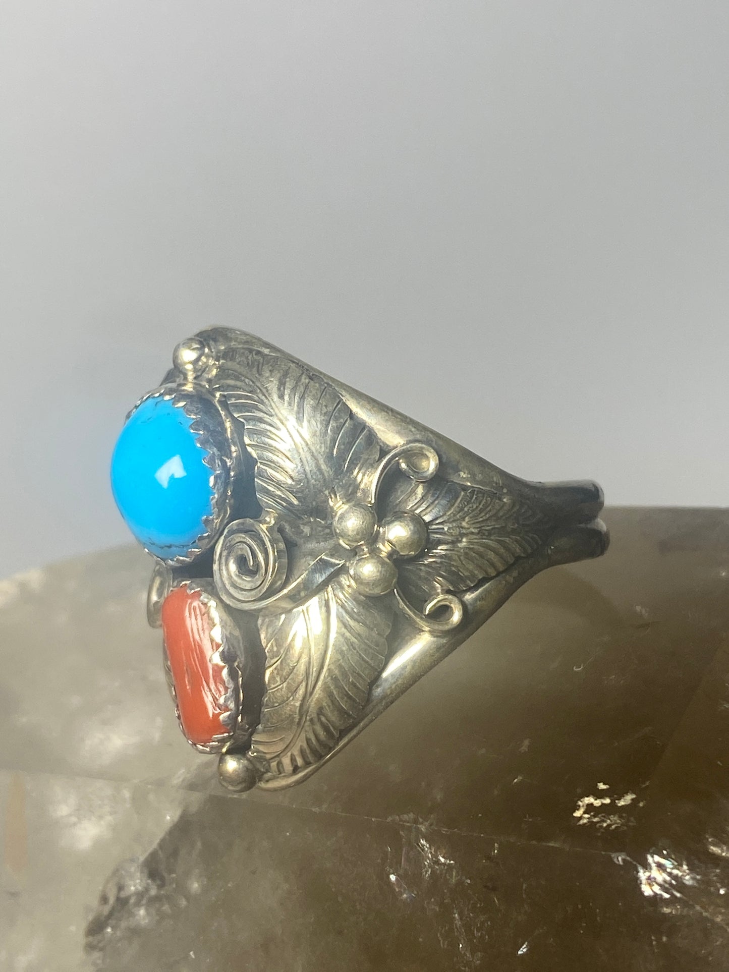 Navajo ring coral turquoise band sterling silver women men q