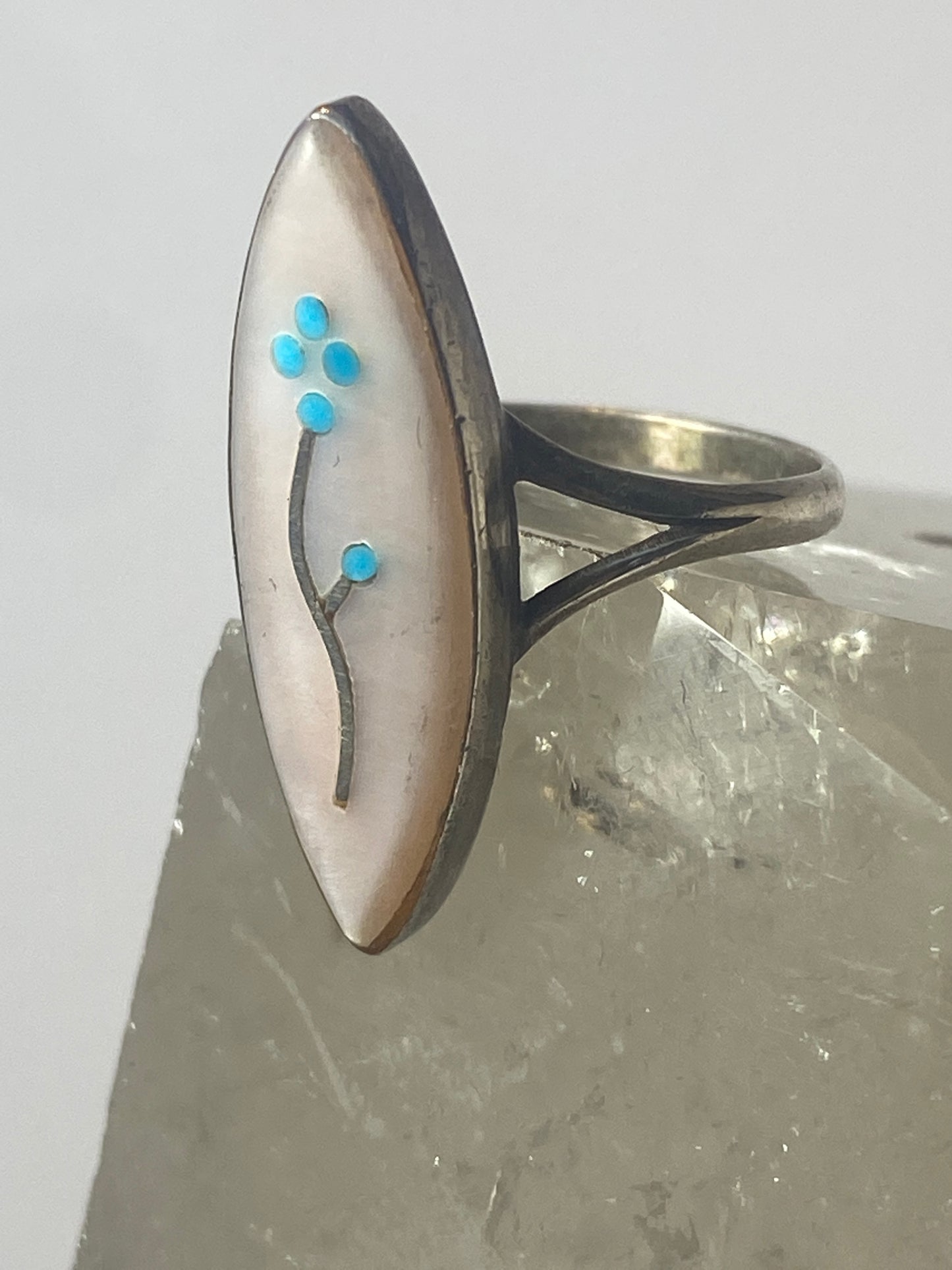 Flower ring long mother of pearl turquoise southwest pinky Navajo sterling silver