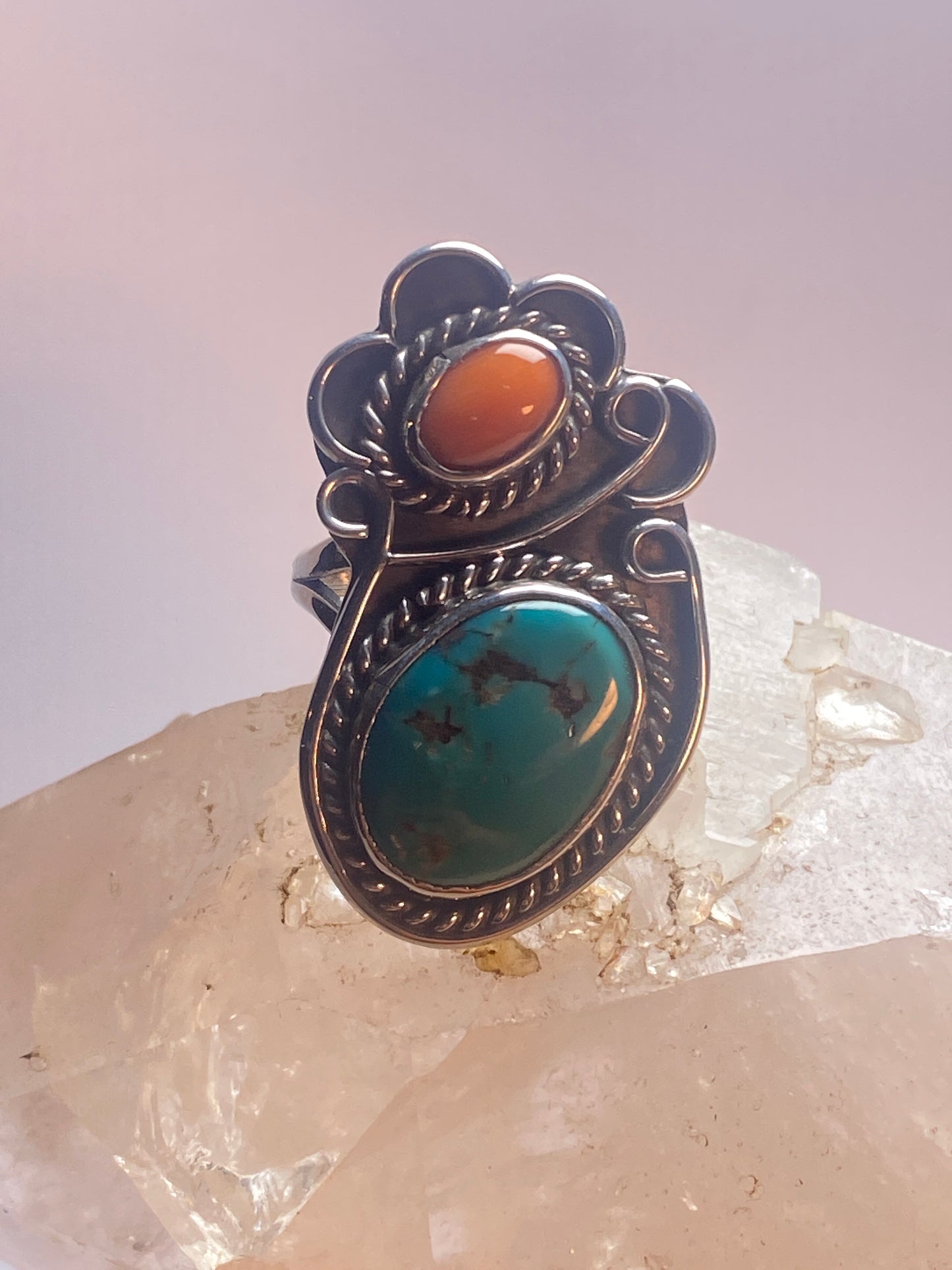 Turquoise ring size 10 Navajo coral southwest sterling silver women girls