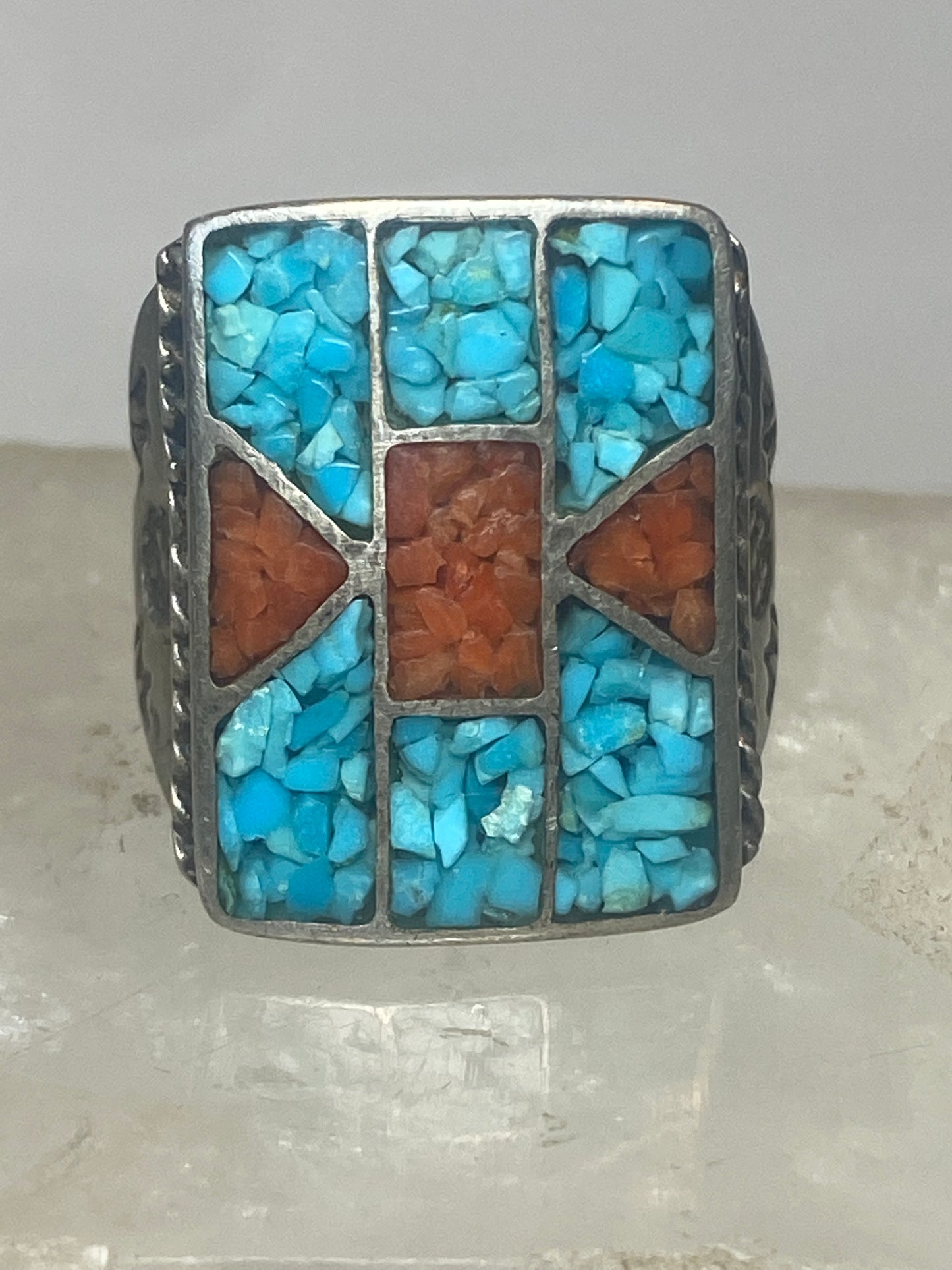 Navajo  ring size 9.75 turquoise coral chips southwest sterling silver women men