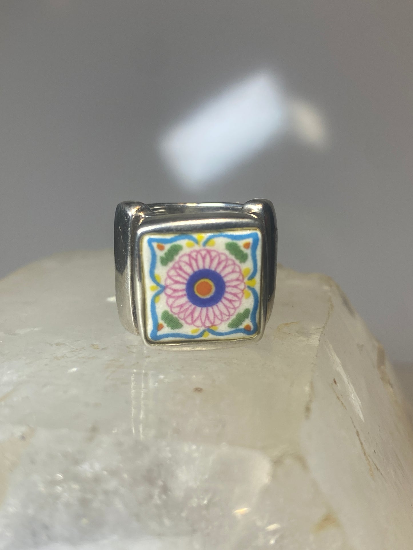 Porcelain ring flower tile size 5.50 sterling silver women