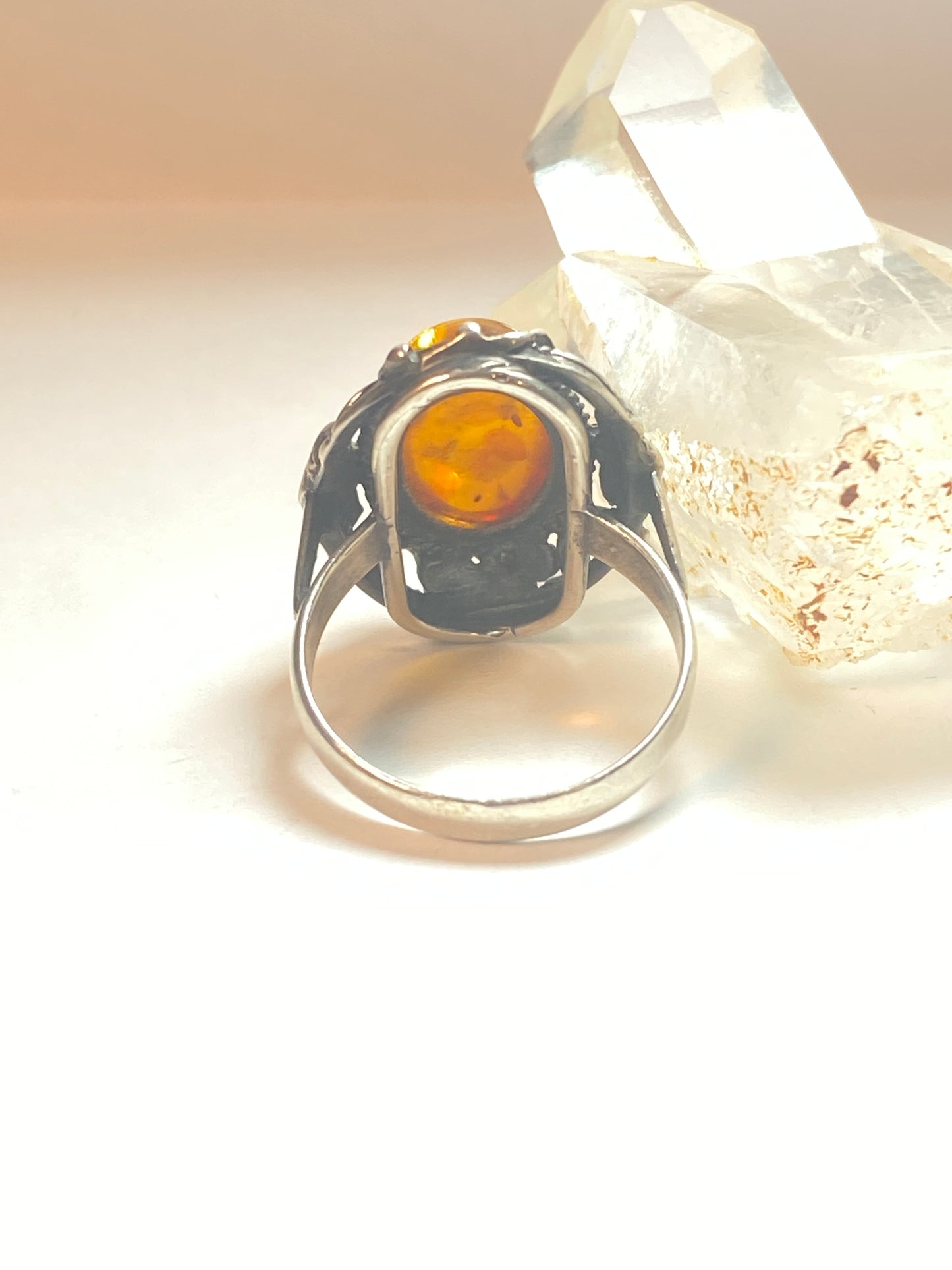 Amber ring size 8  floral Art Deco sterling silver women