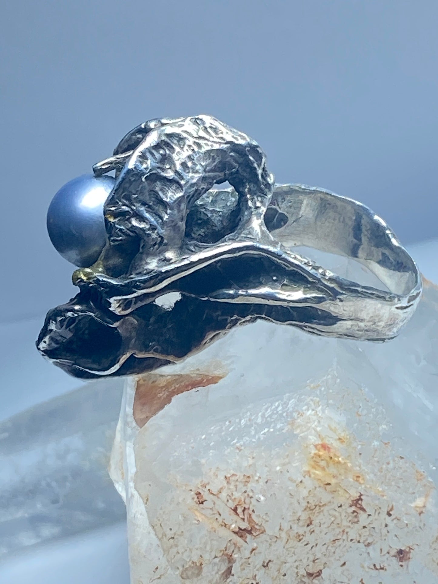 Brutalist Ring size 7 chromed pearl sterling silver women