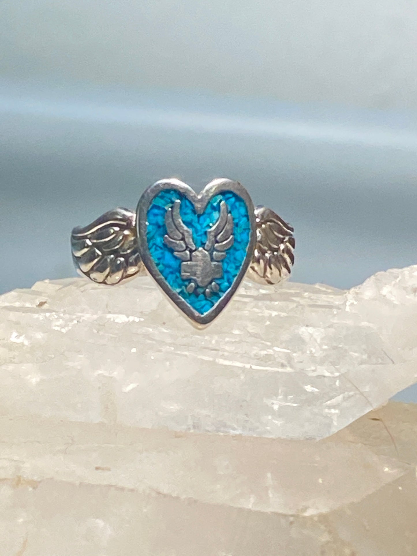 Biker ring heart w wings band turquoise chips southwest sterling silver women