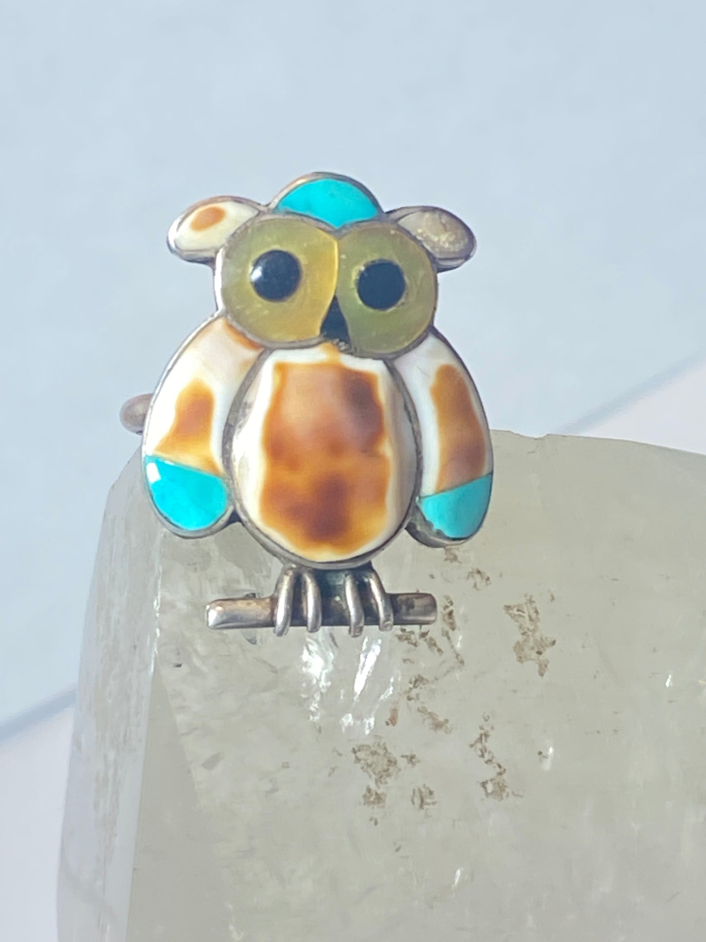 Owl ring Navajo turquoise MOP Onyx southwest sterling silver women