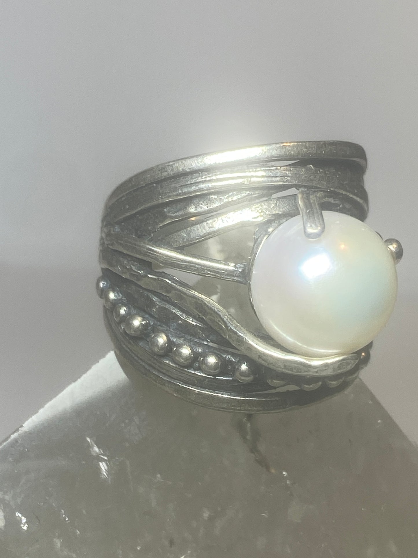 Pearl ring cigar band beaded  Israel sterling silver women girl