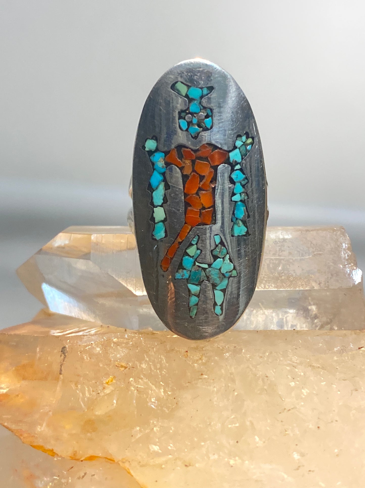 Long Kachina ring size 6.25 turquoise coral chips sterling silver Navajo southwest women girls