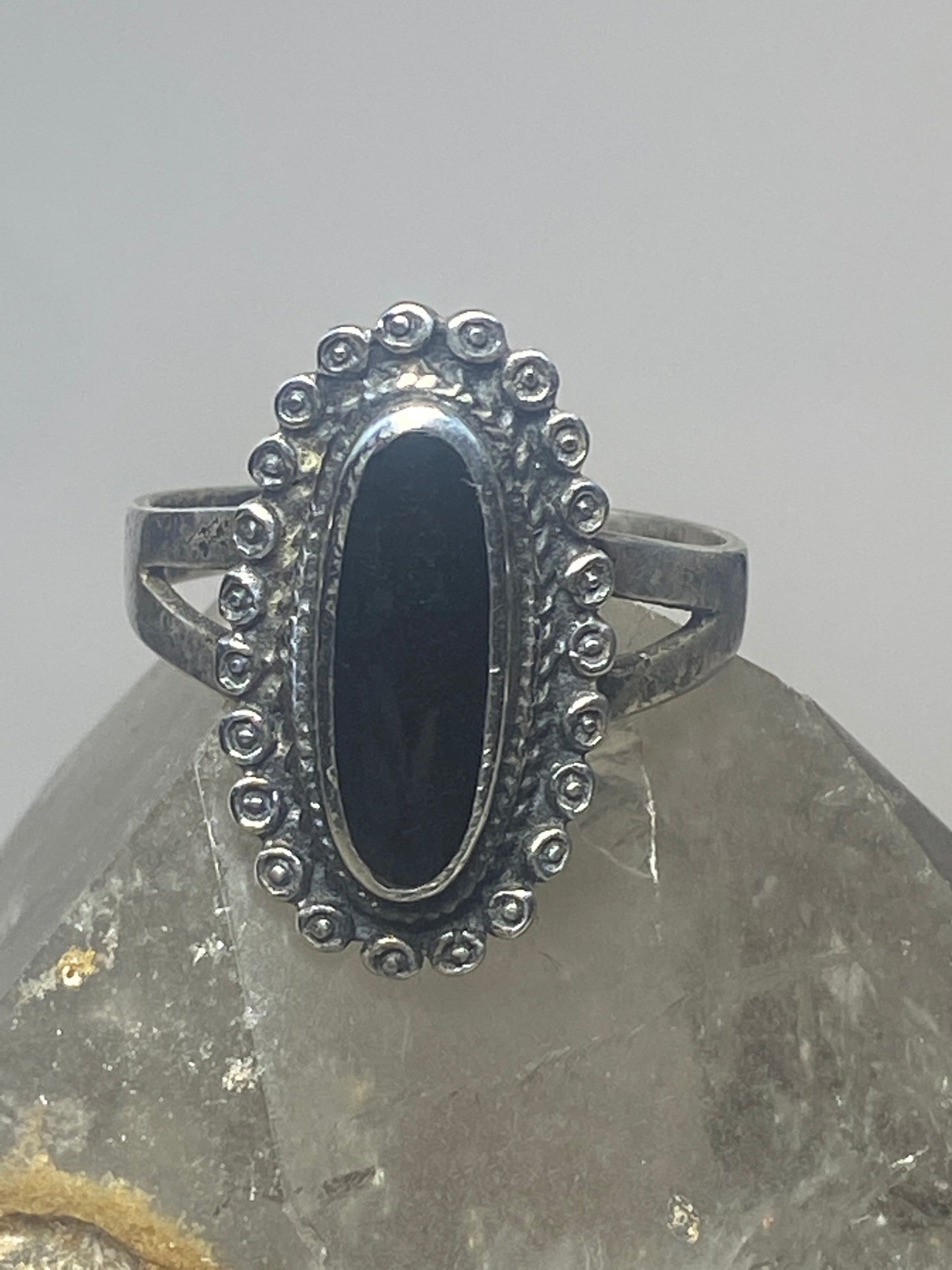 Long onyx ring size 10 beaded southwest sterling silver women