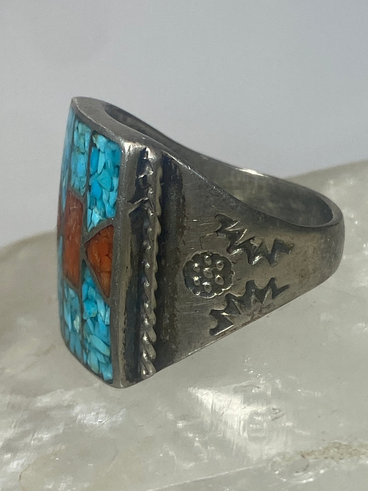 Navajo  ring size 9.75 turquoise coral chips southwest sterling silver women men