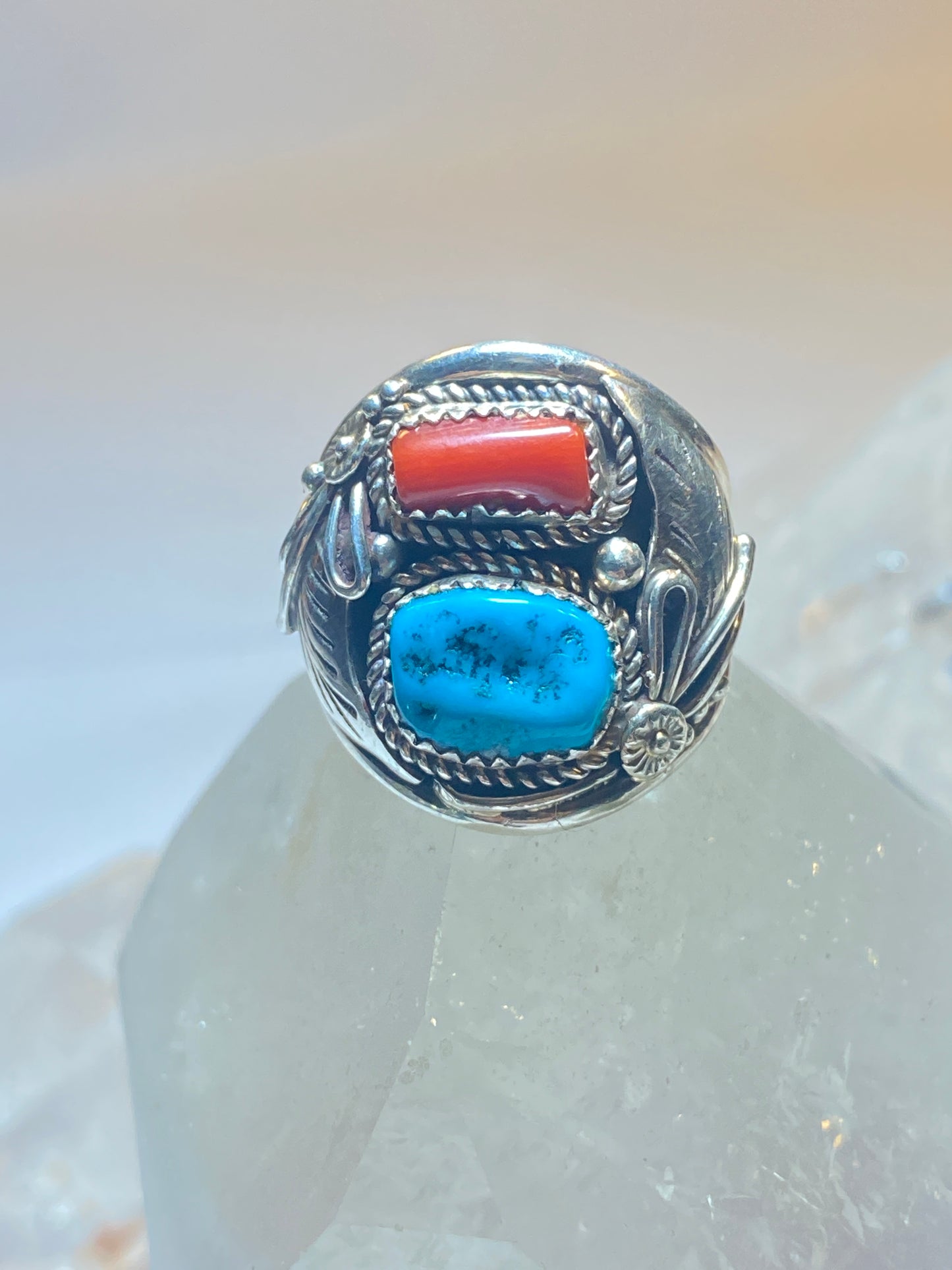 Turquoise ring size 10.75  coral Navajo southwest band sterling silver