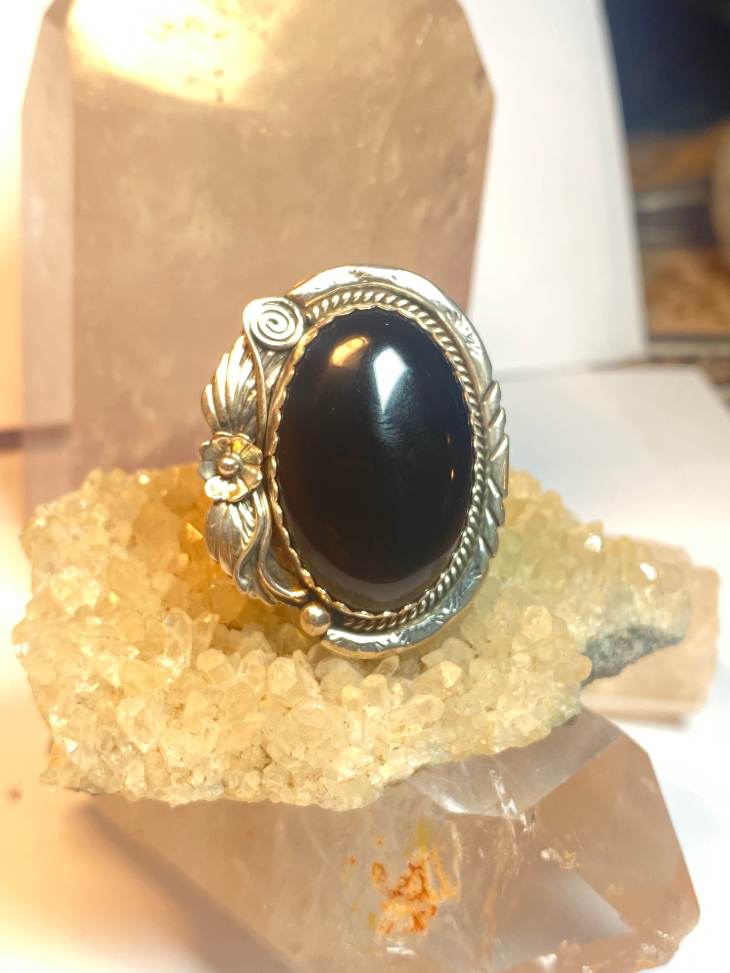 Onyx ring size 8.50 Navajo long southwest sterling silver women