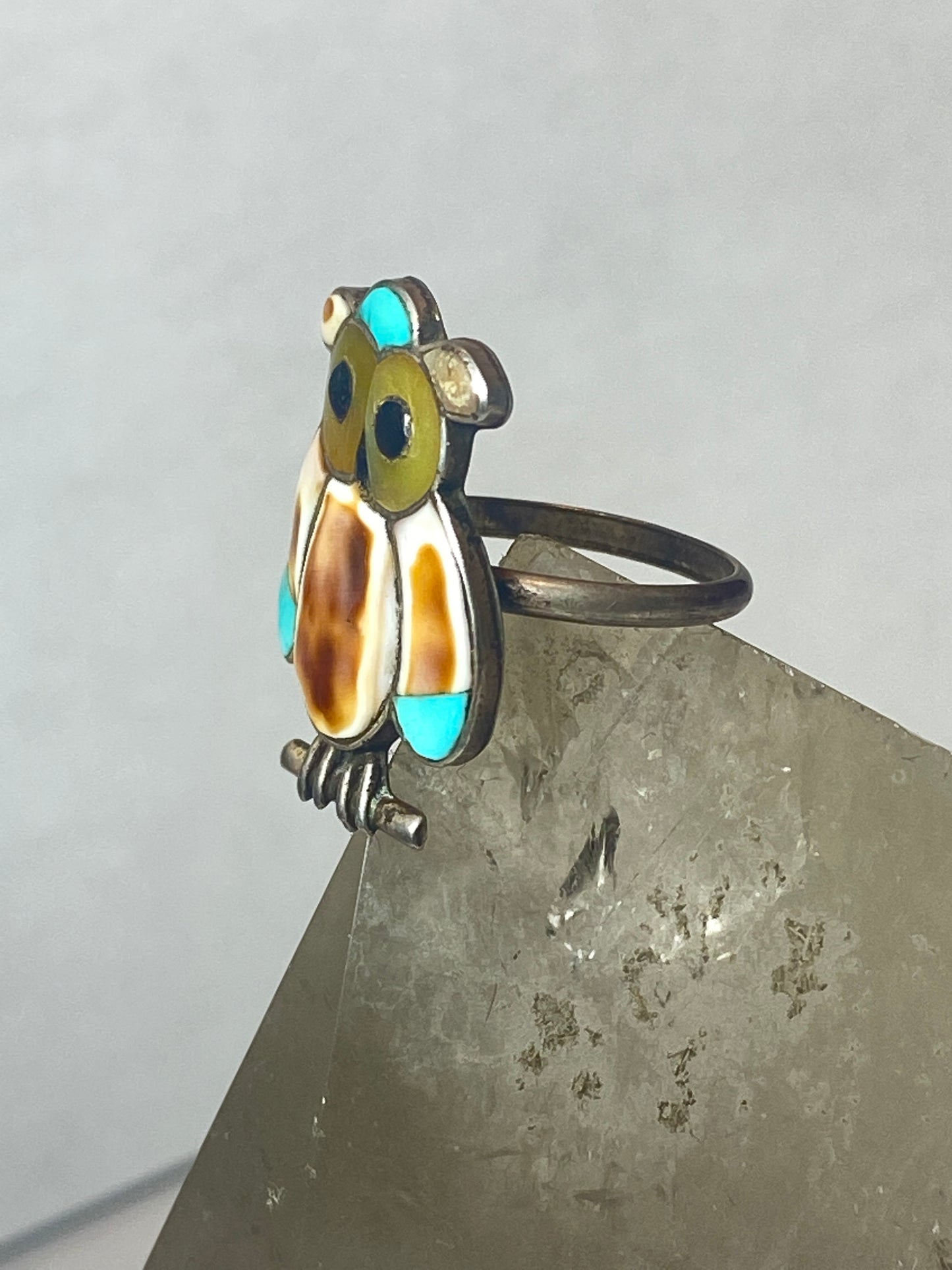 Owl ring Navajo turquoise MOP Onyx southwest sterling silver women