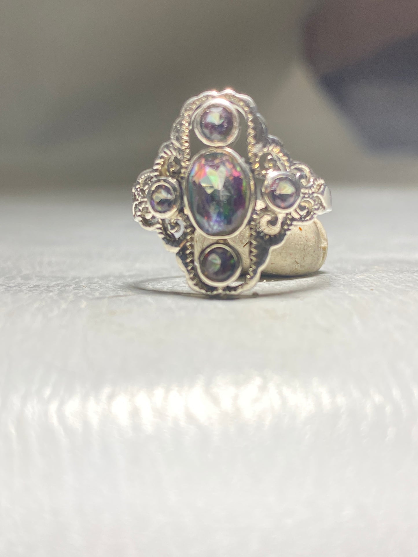 Mystic Topaz ring long sterling silver band women