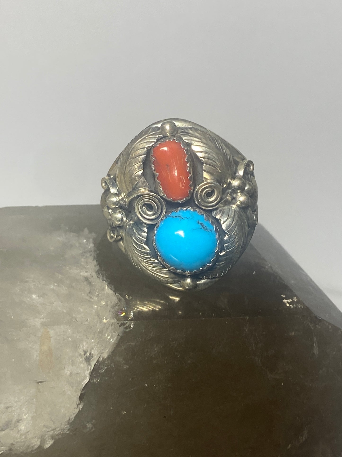 Navajo ring coral turquoise band sterling silver women men q