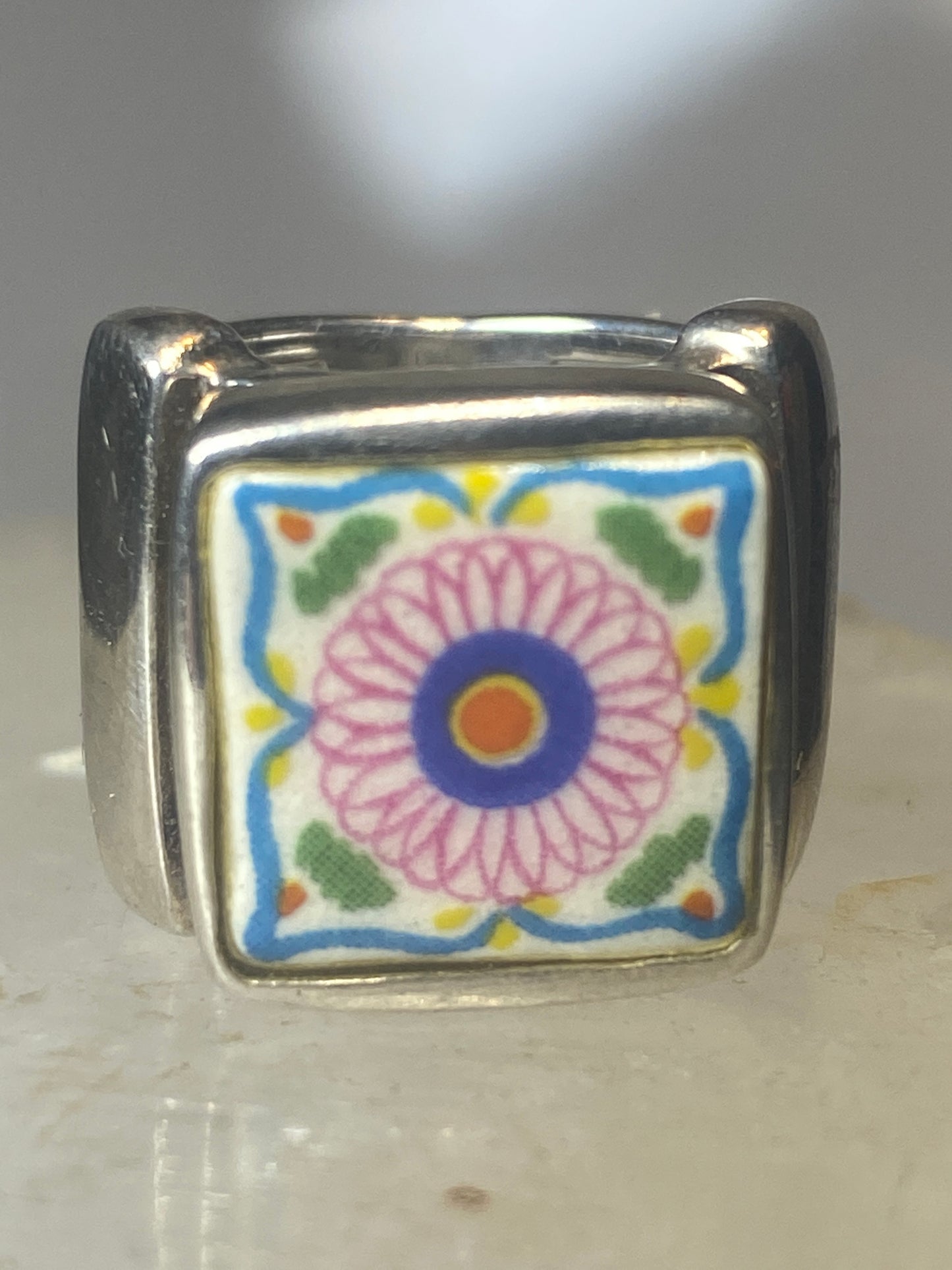 Porcelain ring flower tile size 5.50 sterling silver women