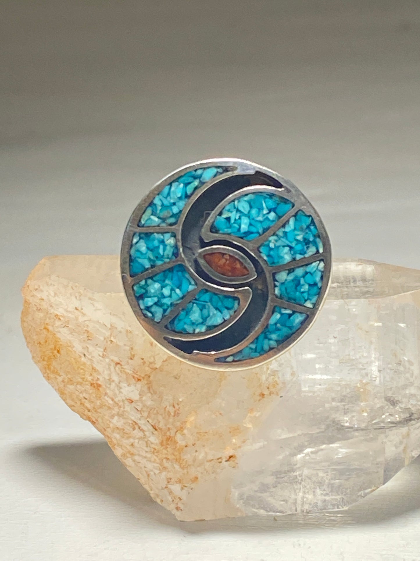Turquoise chip ring coral hummingbird design southwest sterling silver women