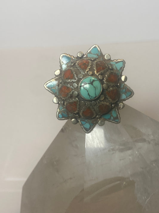 Turquoise Ring flower floral tribal Coral sterling silver women girls