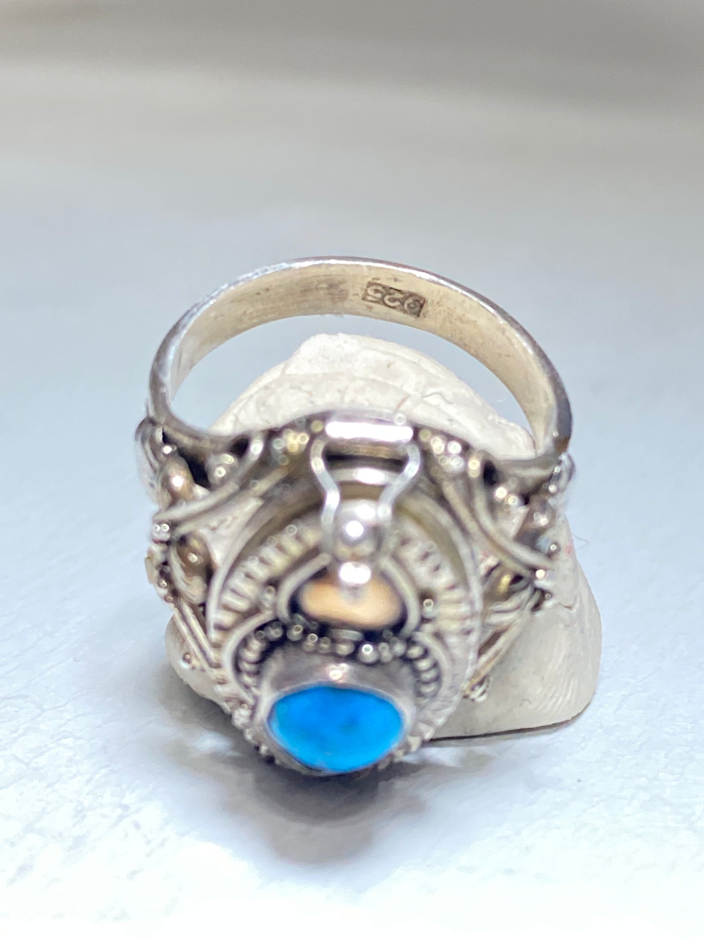 Poison ring blue stone long locket sterling silver band women