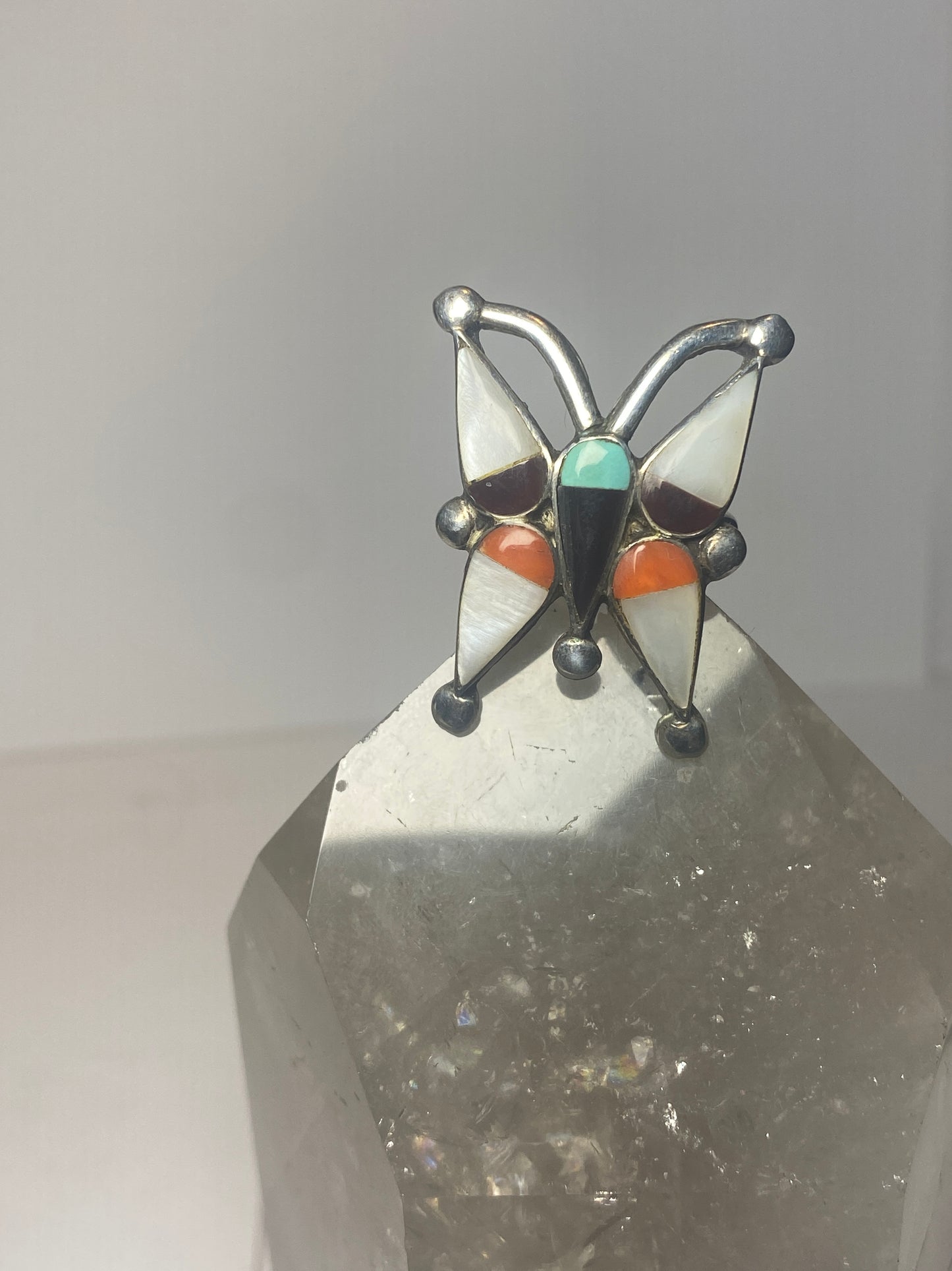 Butterfly ring size 6 turquoise Zuni mother of pearl coral onyx southwest sterling silver women