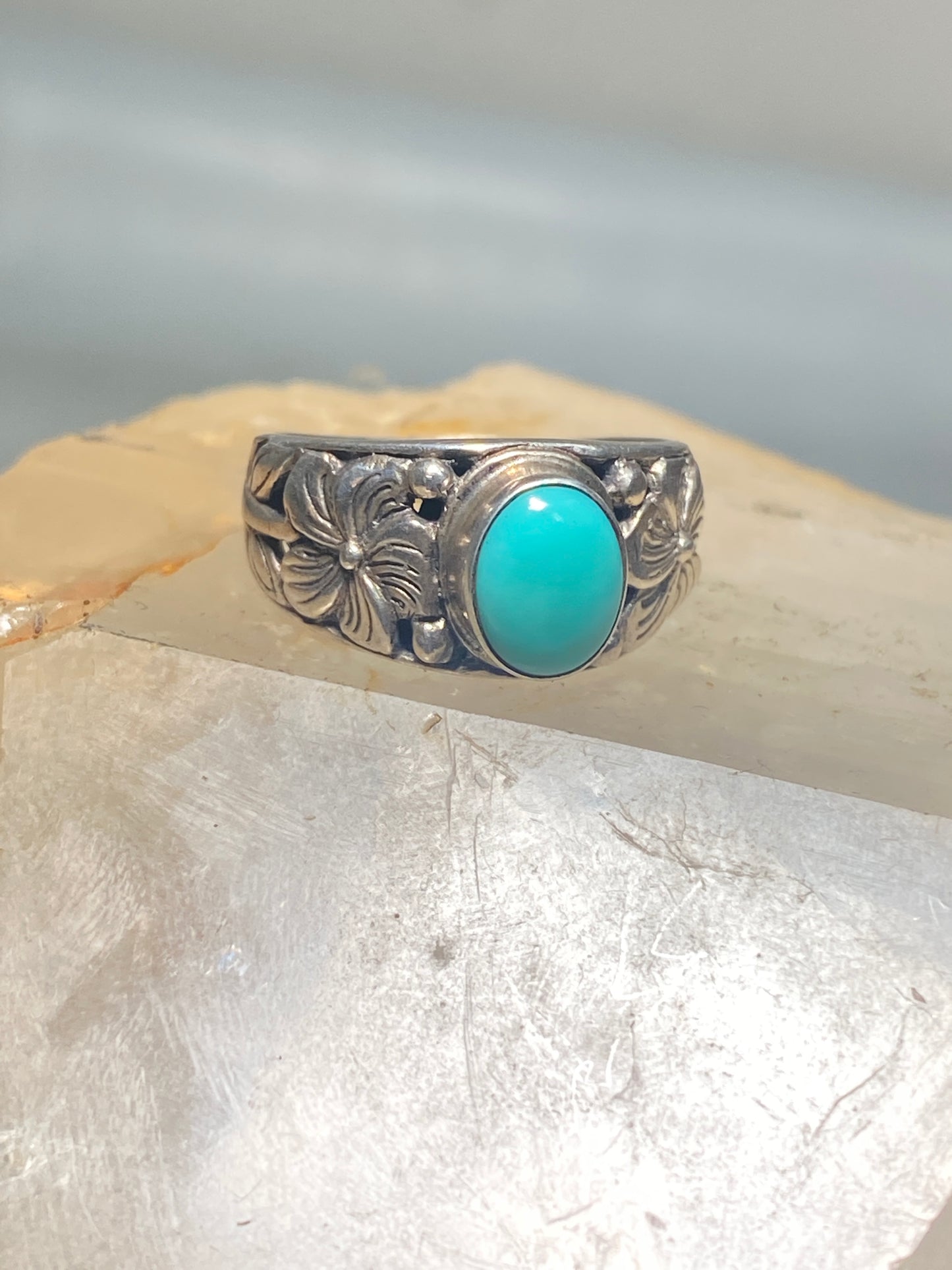 Turquoise ring size 7 floral band  sterling silver women girls