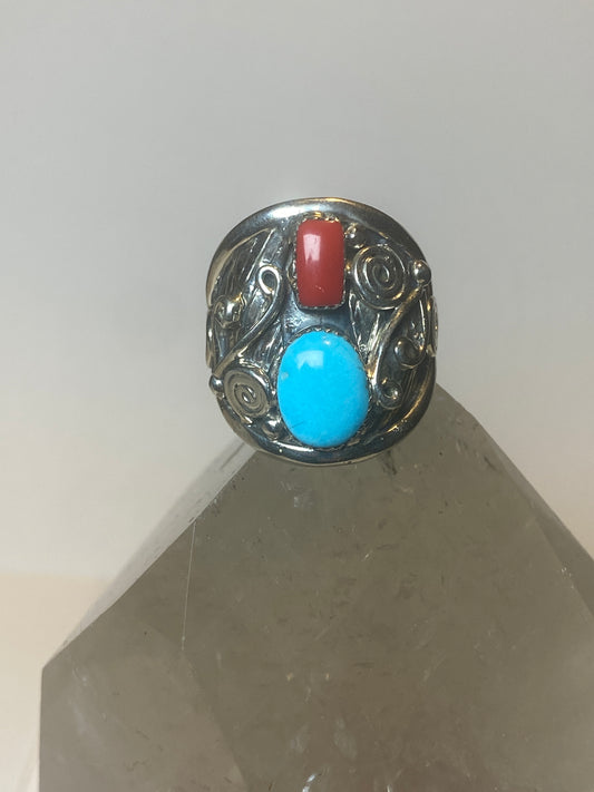 Turquoise ring coral southwest band sterling silver women men