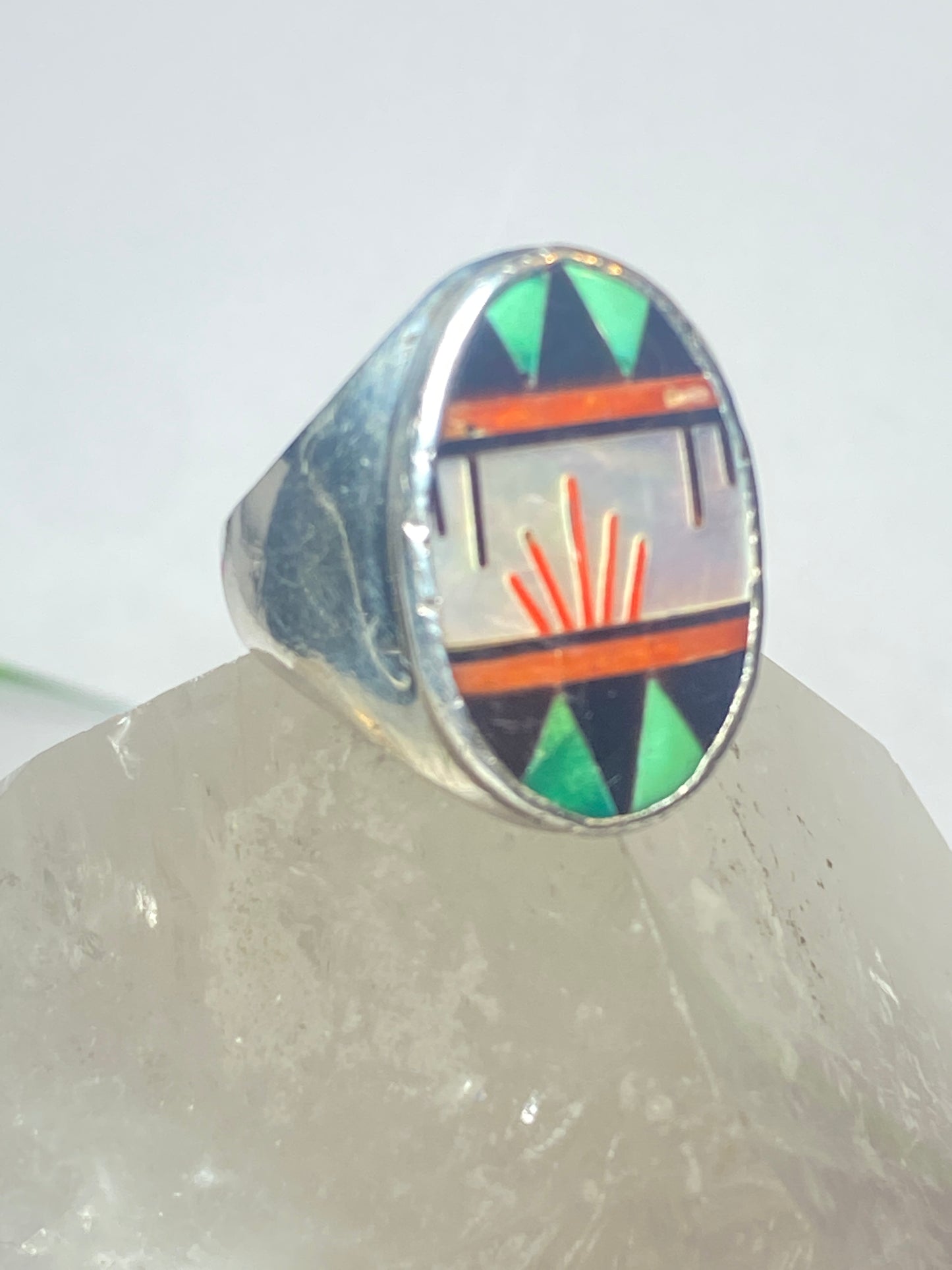 Turquoise ring Zuni mother of pearl onyx coral inlay sterling silver women men