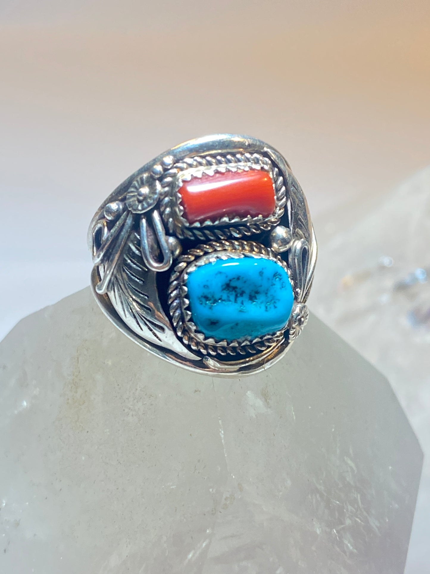 Turquoise ring size 10.75  coral Navajo southwest band sterling silver