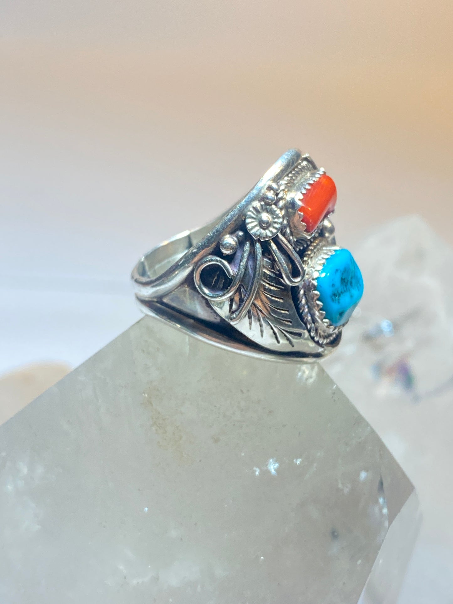 Turquoise ring size 10.75  coral Navajo southwest band sterling silver