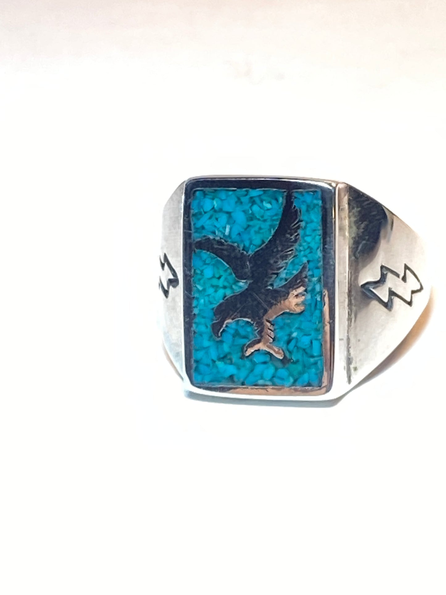 Eagle ring Turquoise chips lightening bolt southwest sterling silver women