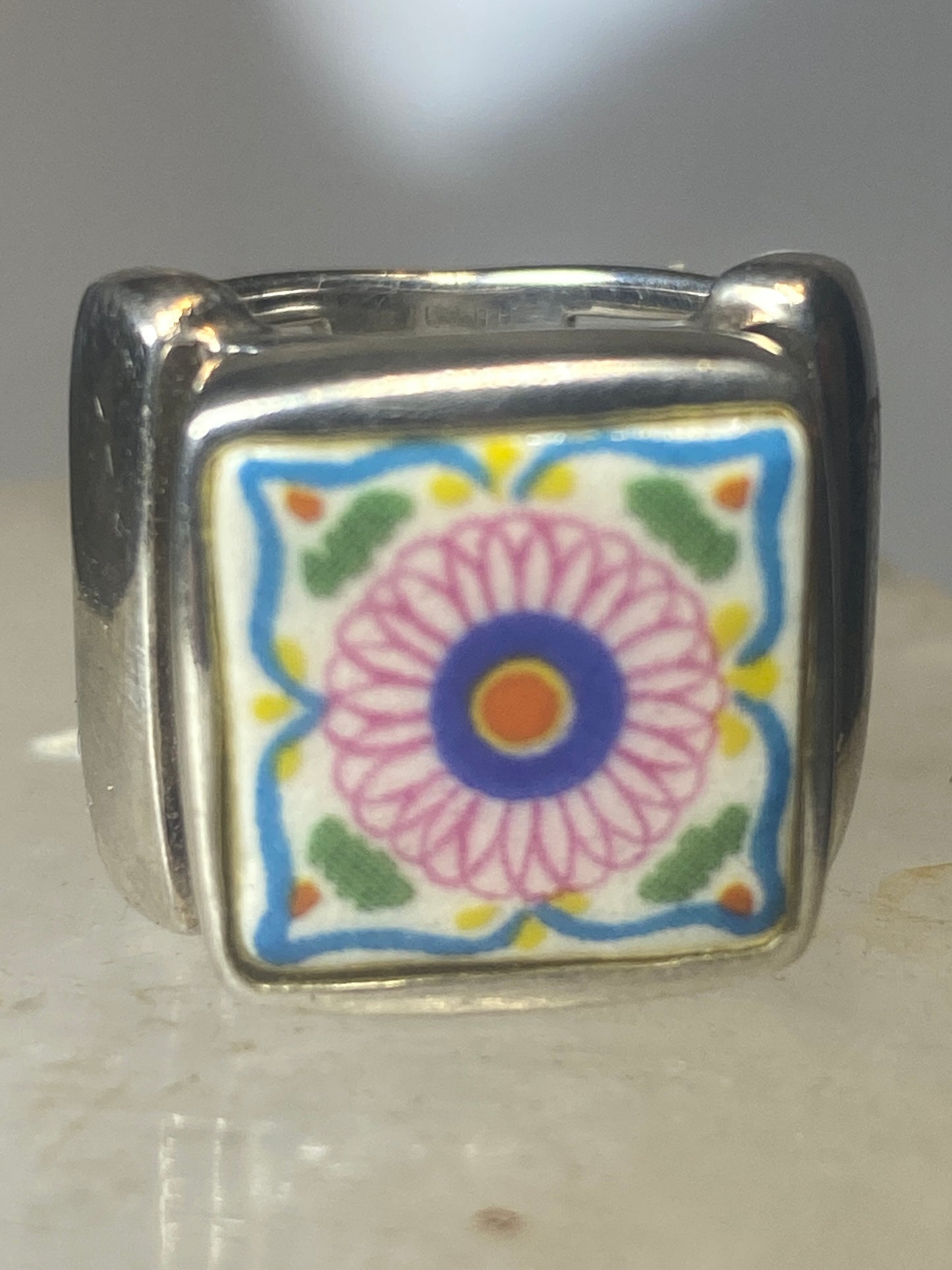 Porcelain ring flower tile size 5.50 sterling silver women