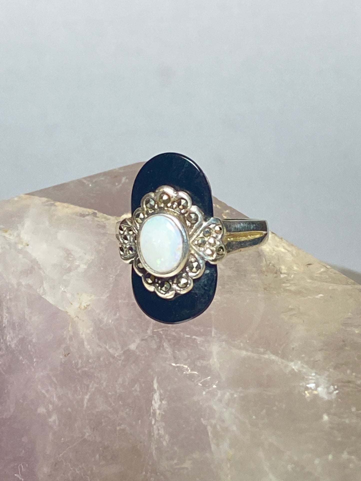 onyx opal Ring marcasites Art Deco style  mourning sterling silver women