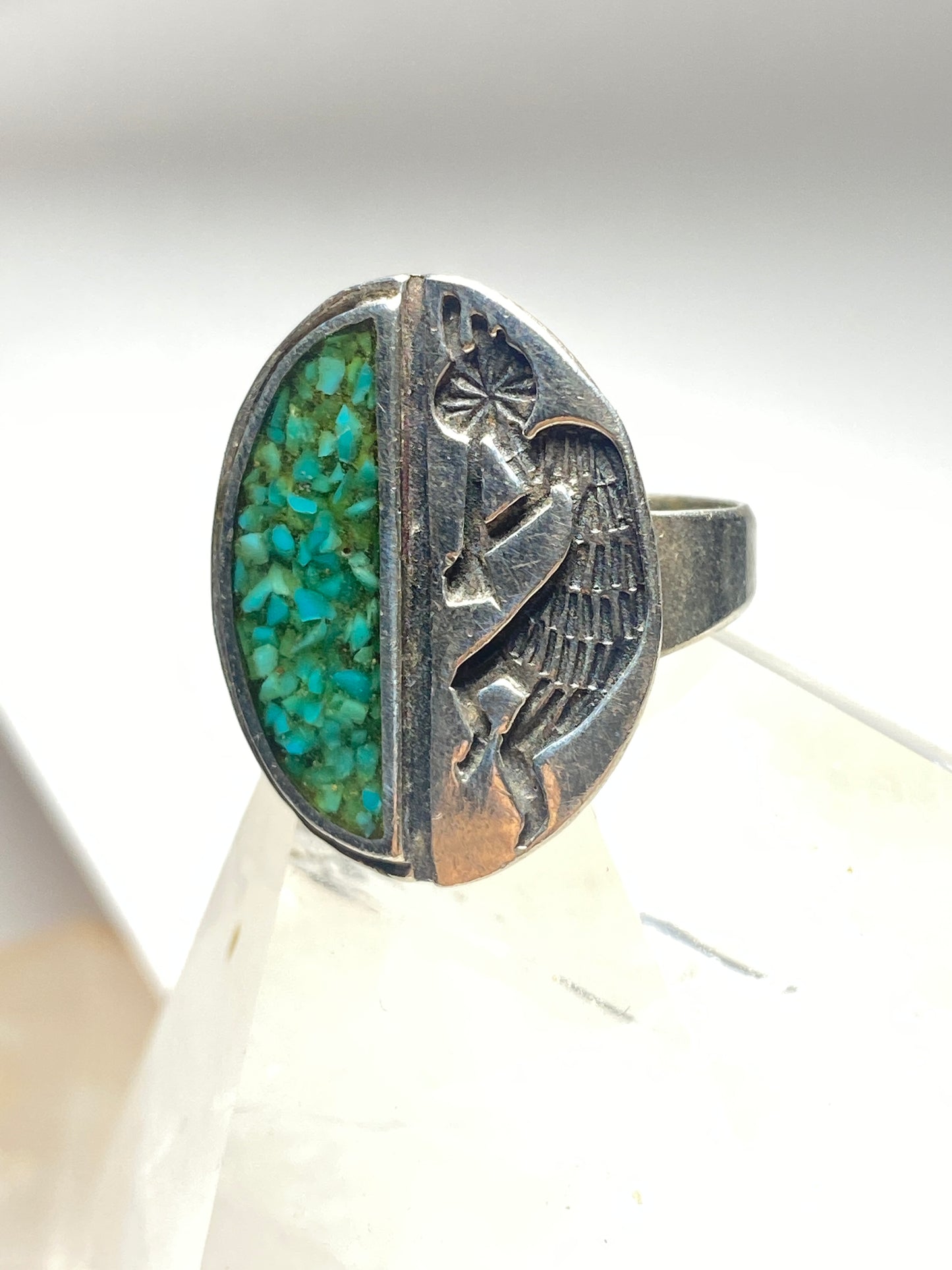 Kachina ring size 8.25 long southwest turquoise mosaic Native American Hopi  sterling silver women