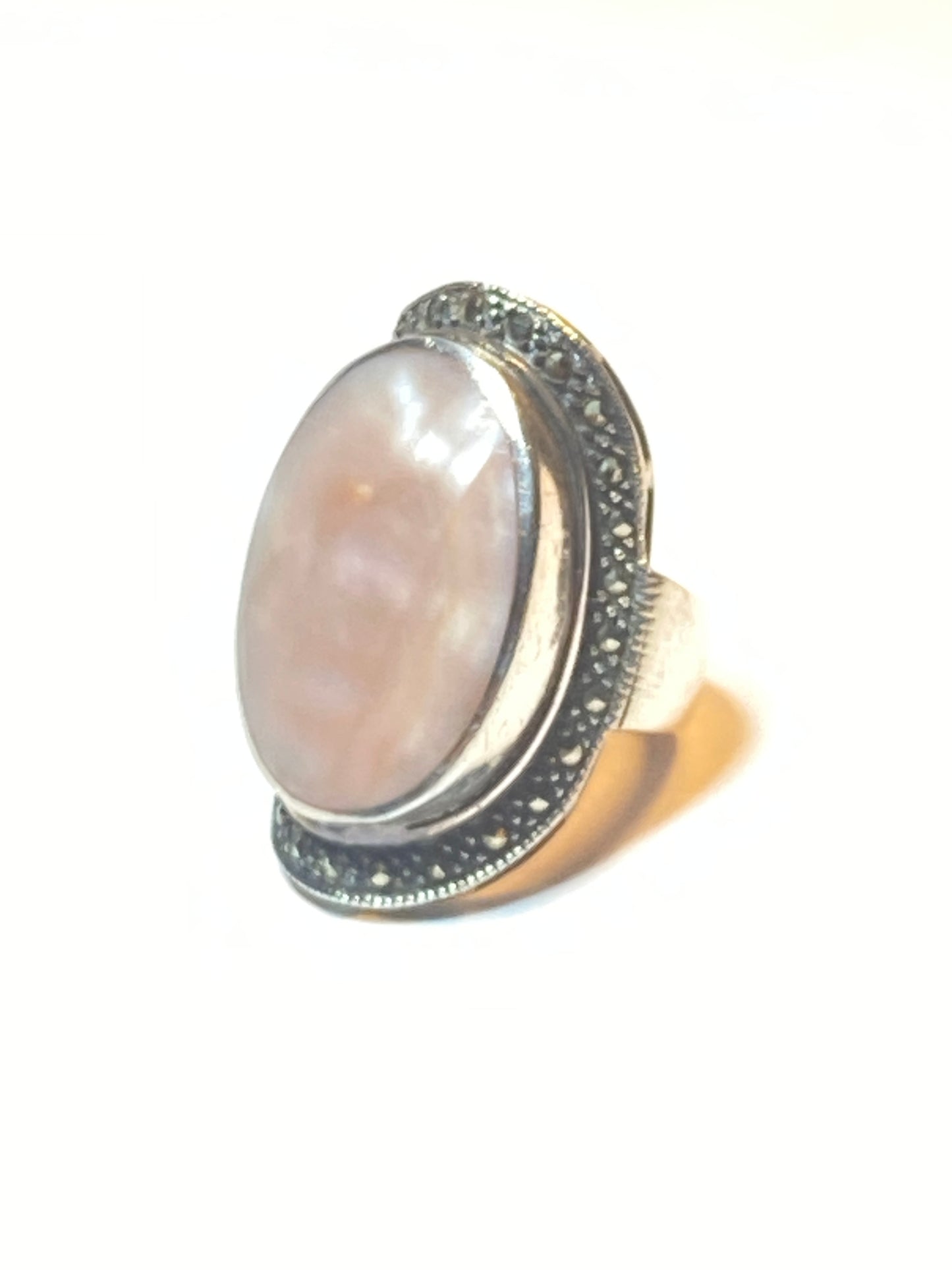 Mother of Pearl ring marcasite cigar band MOP chunky sterling silver women