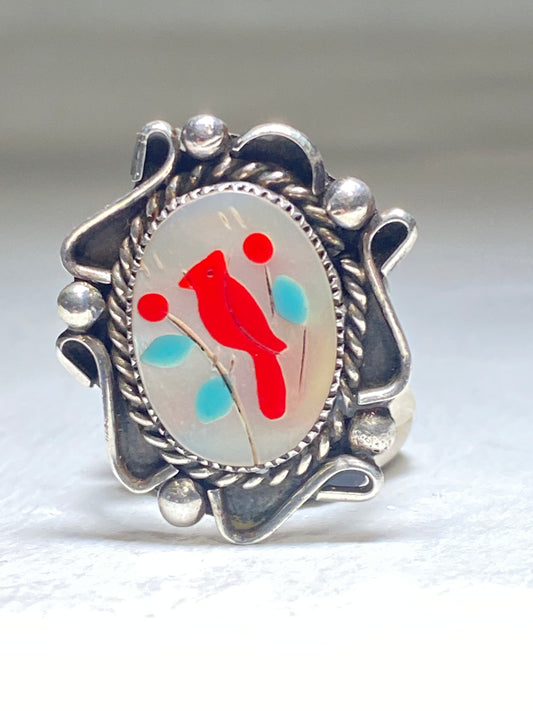 Bird ring floral MOP turquoise coral sterling silver women girls