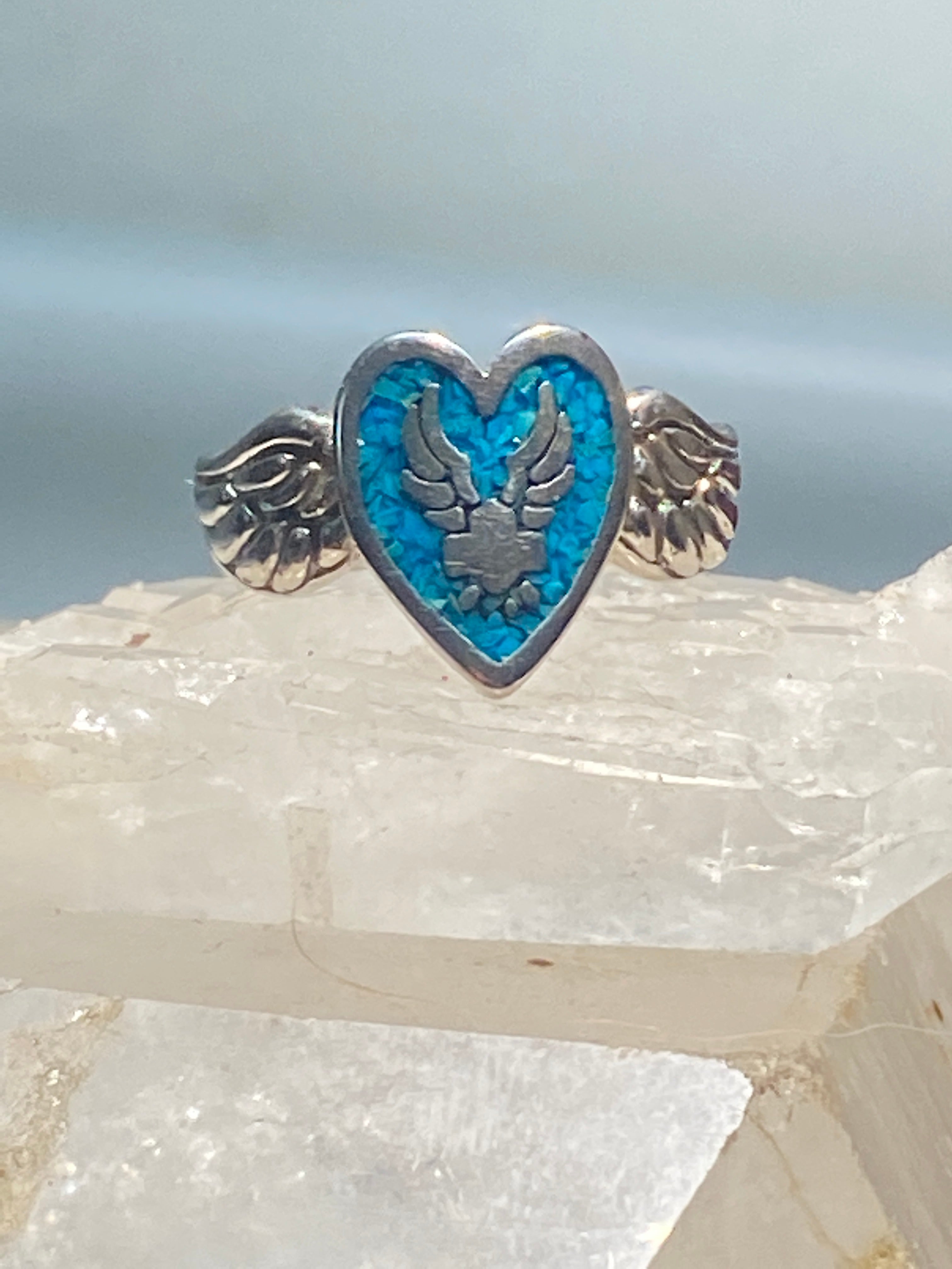 Biker ring heart w wings band turquoise chips southwest sterling