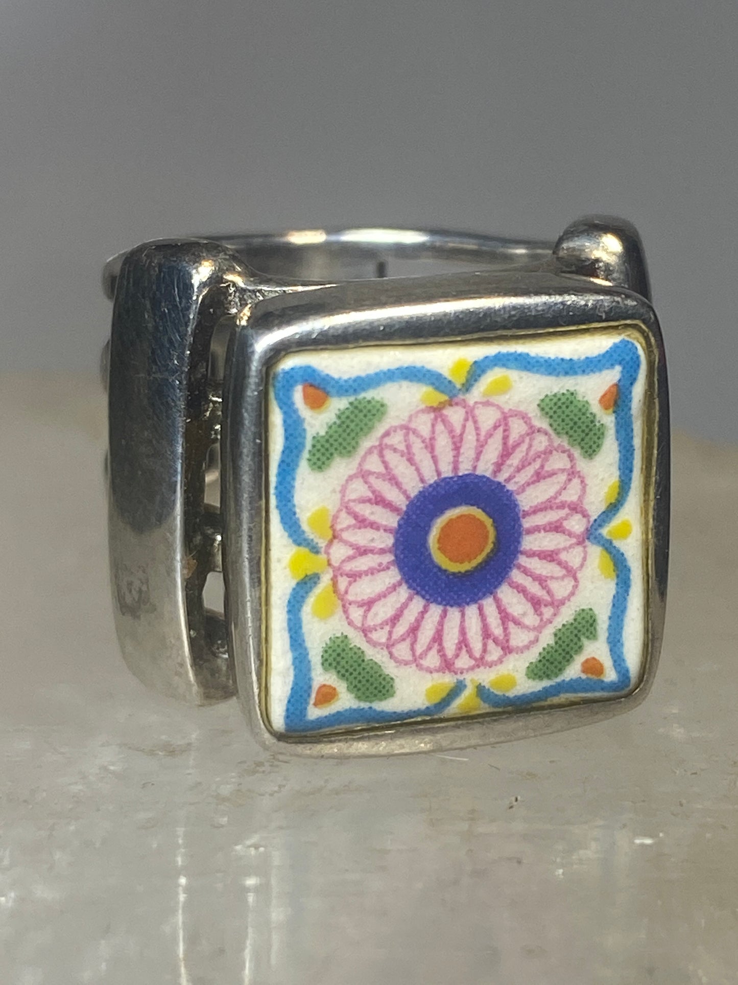 Porcelain ring flower tile size 5.50 sterling silver women