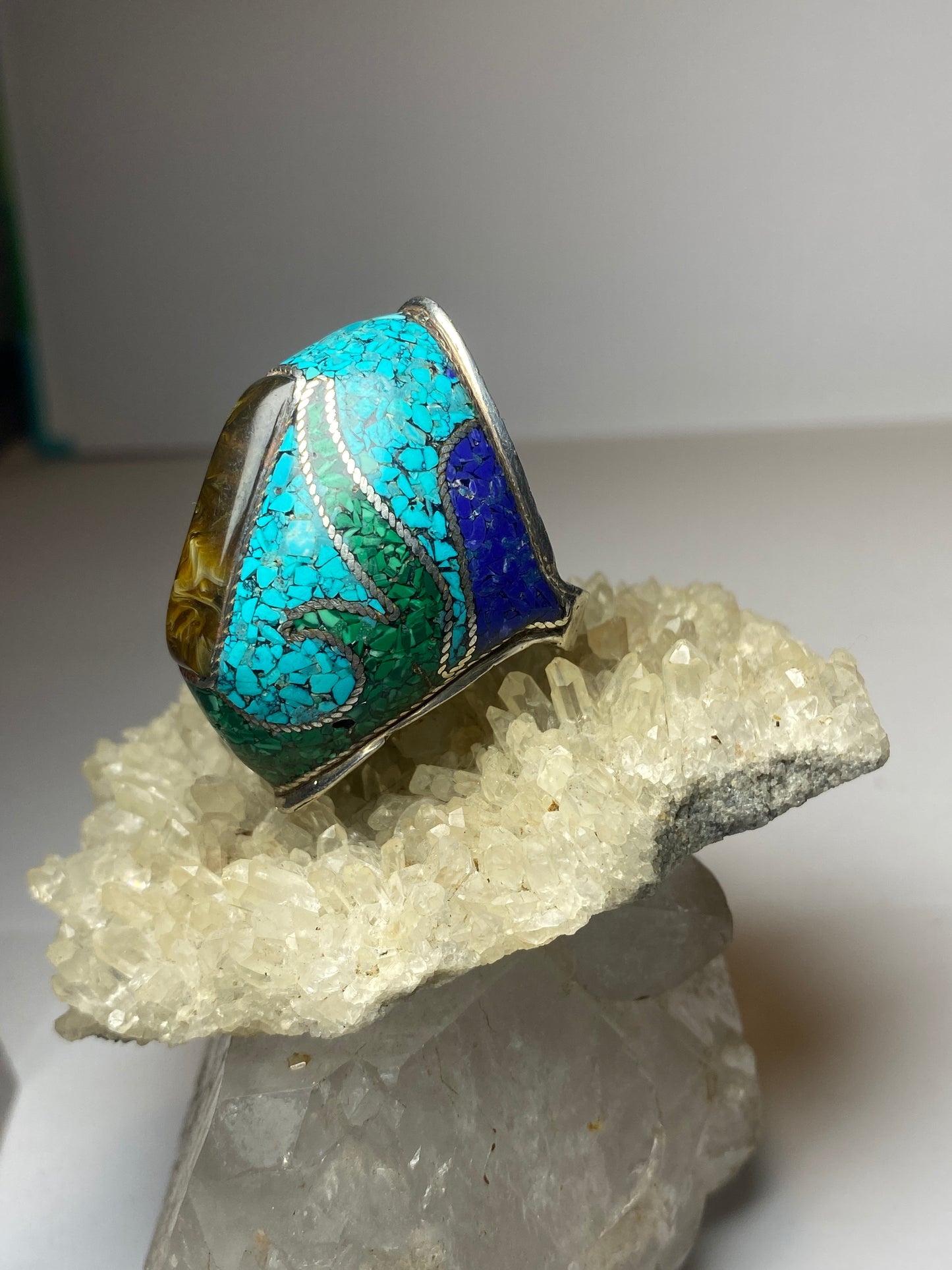 Dome ring southwest turquoise chips HEAVY sterling silver women