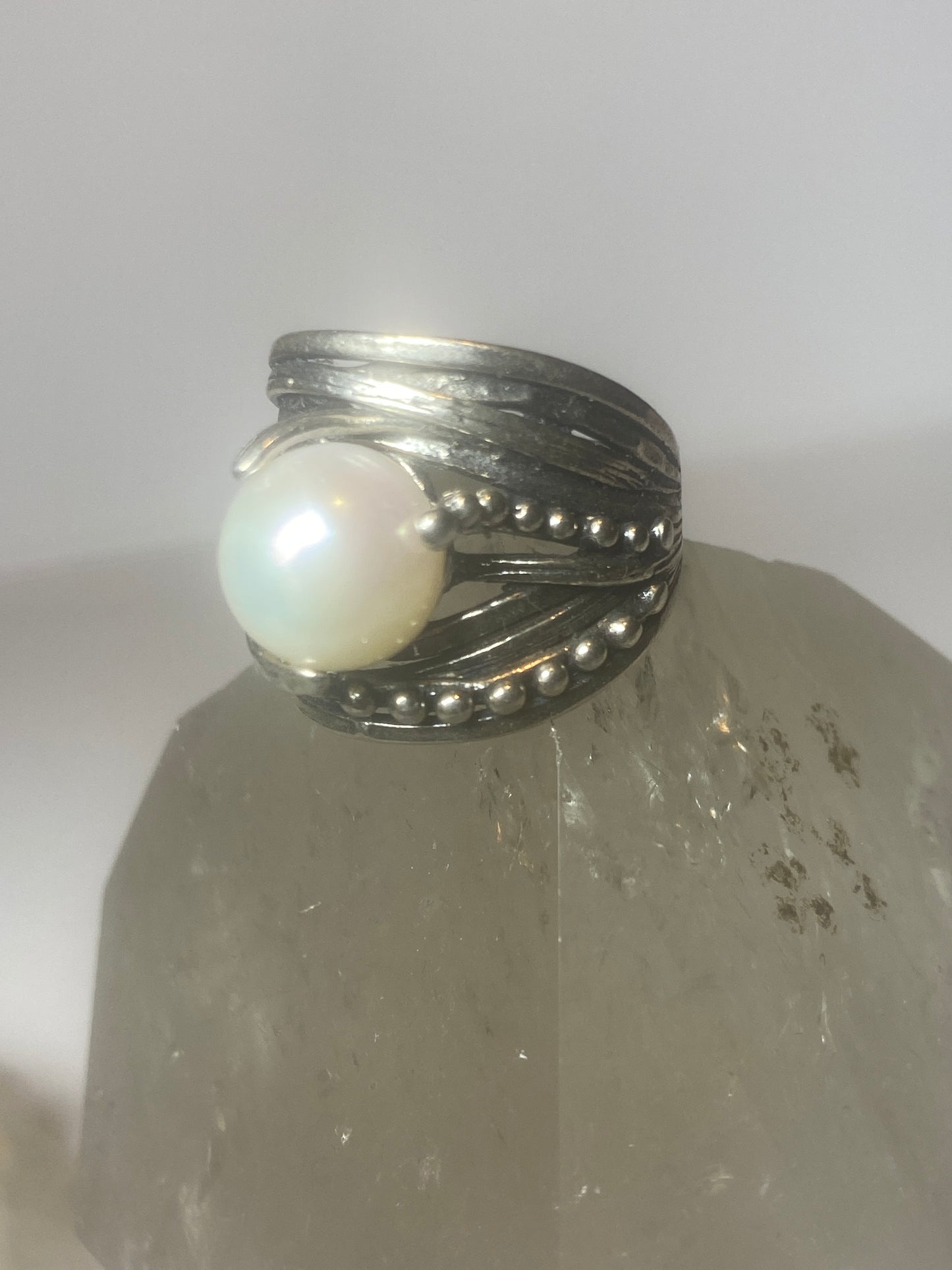 Pearl ring cigar band beaded  Israel sterling silver women girl