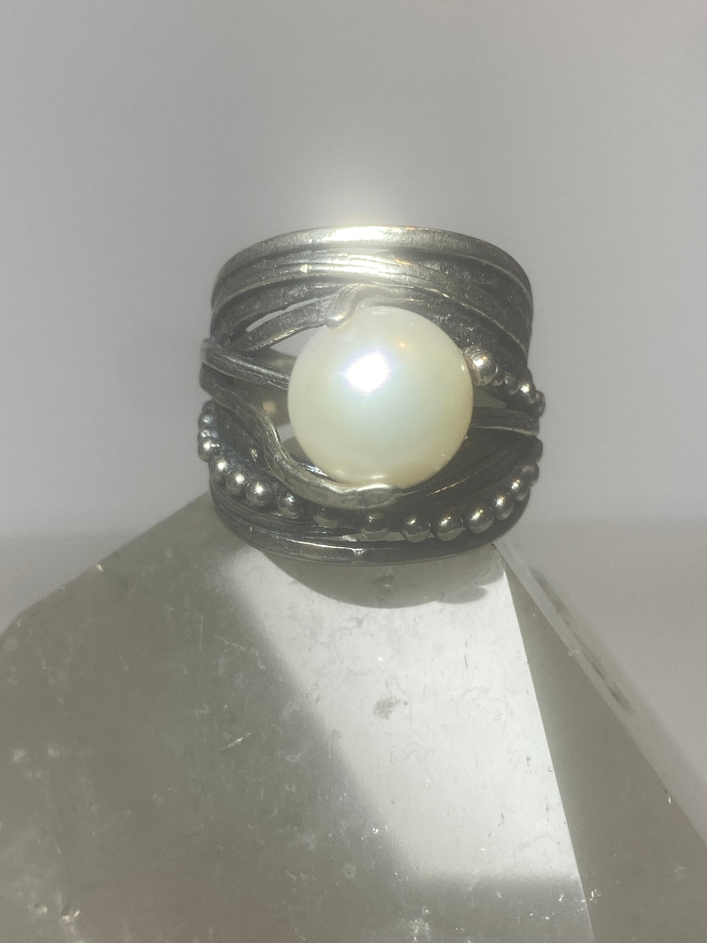 Pearl ring cigar band beaded  Israel sterling silver women girl