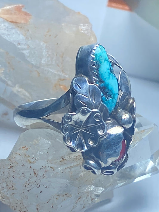 Turquoise ring flowers Coral southwest sterling silver women