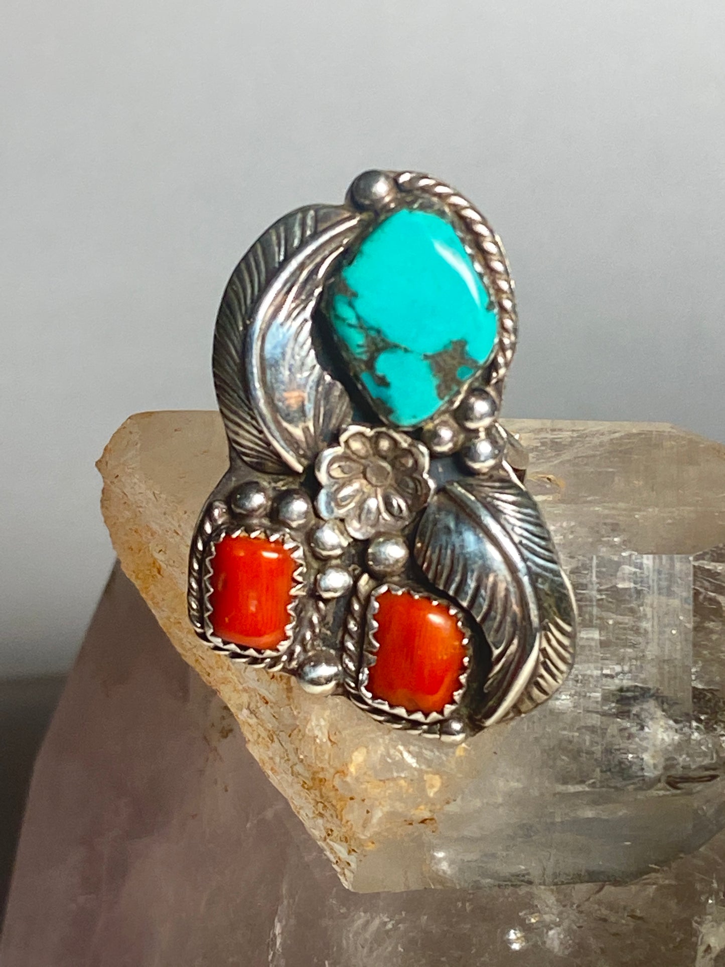 Long Turquoise ring coral Navajo southwest sterling silver women