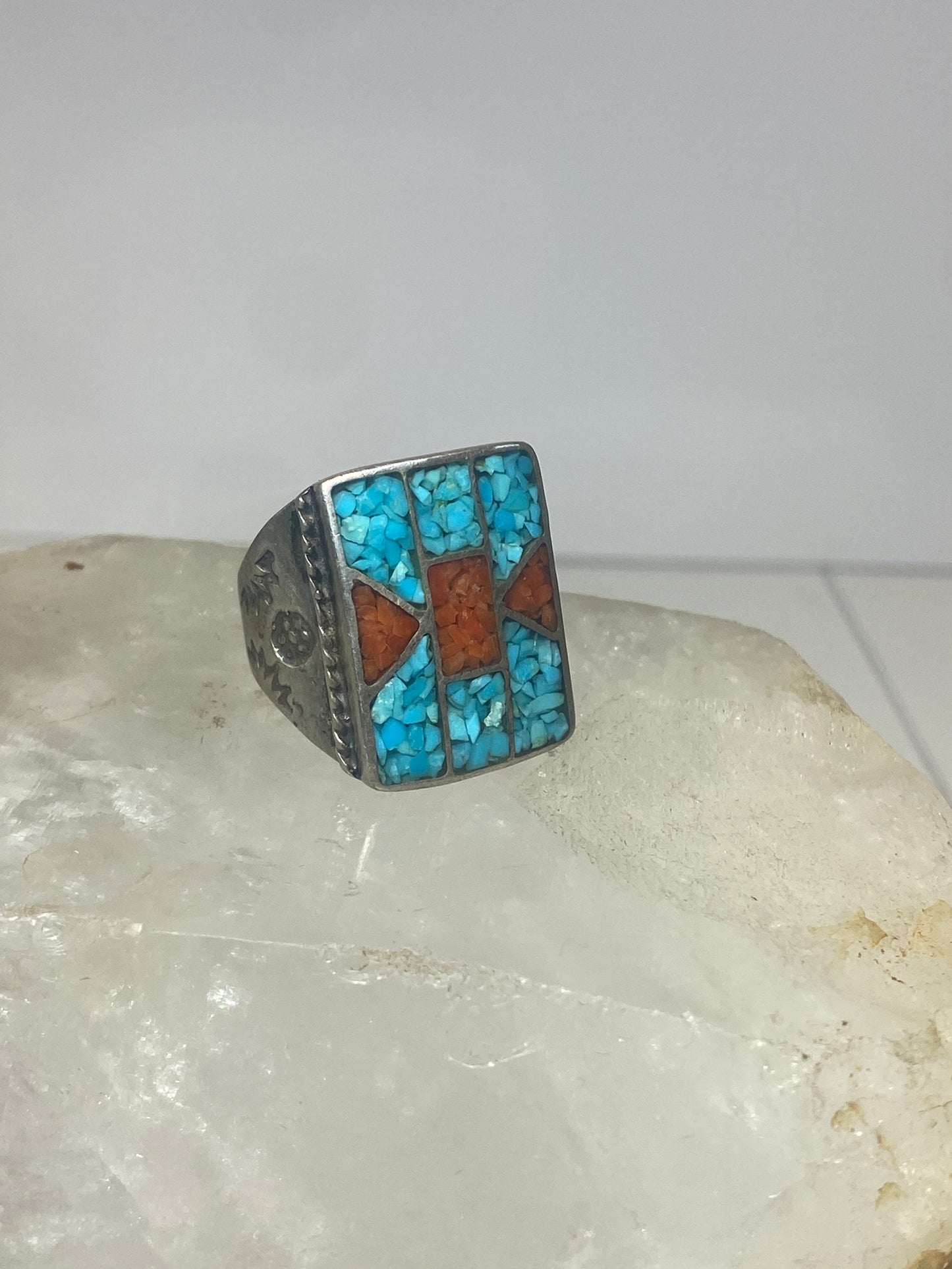 Navajo  ring size 9.75 turquoise coral chips southwest sterling silver women men