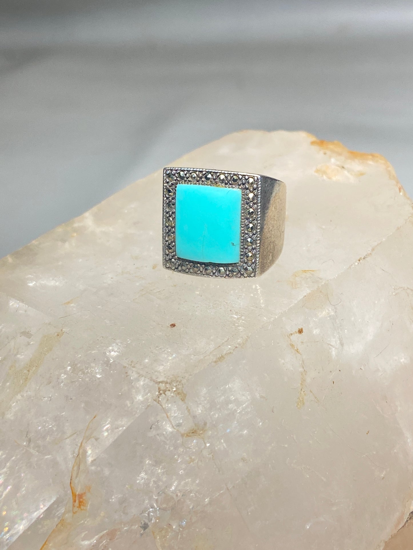 Turquoise ring size 5.75 marcasites band mid century sterling silver women