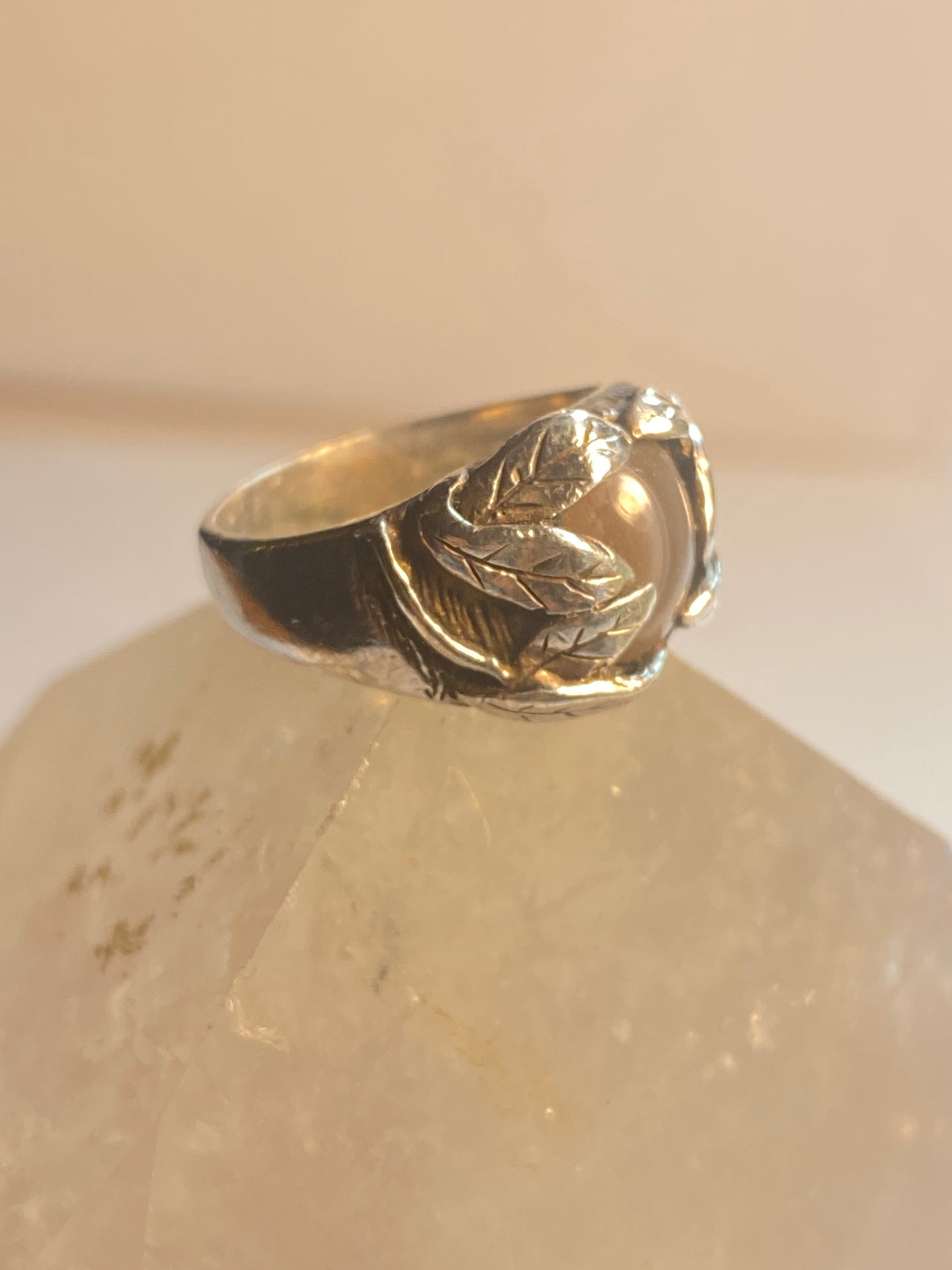 Agate ring size 6.25 leaves band sterling silver pinky women